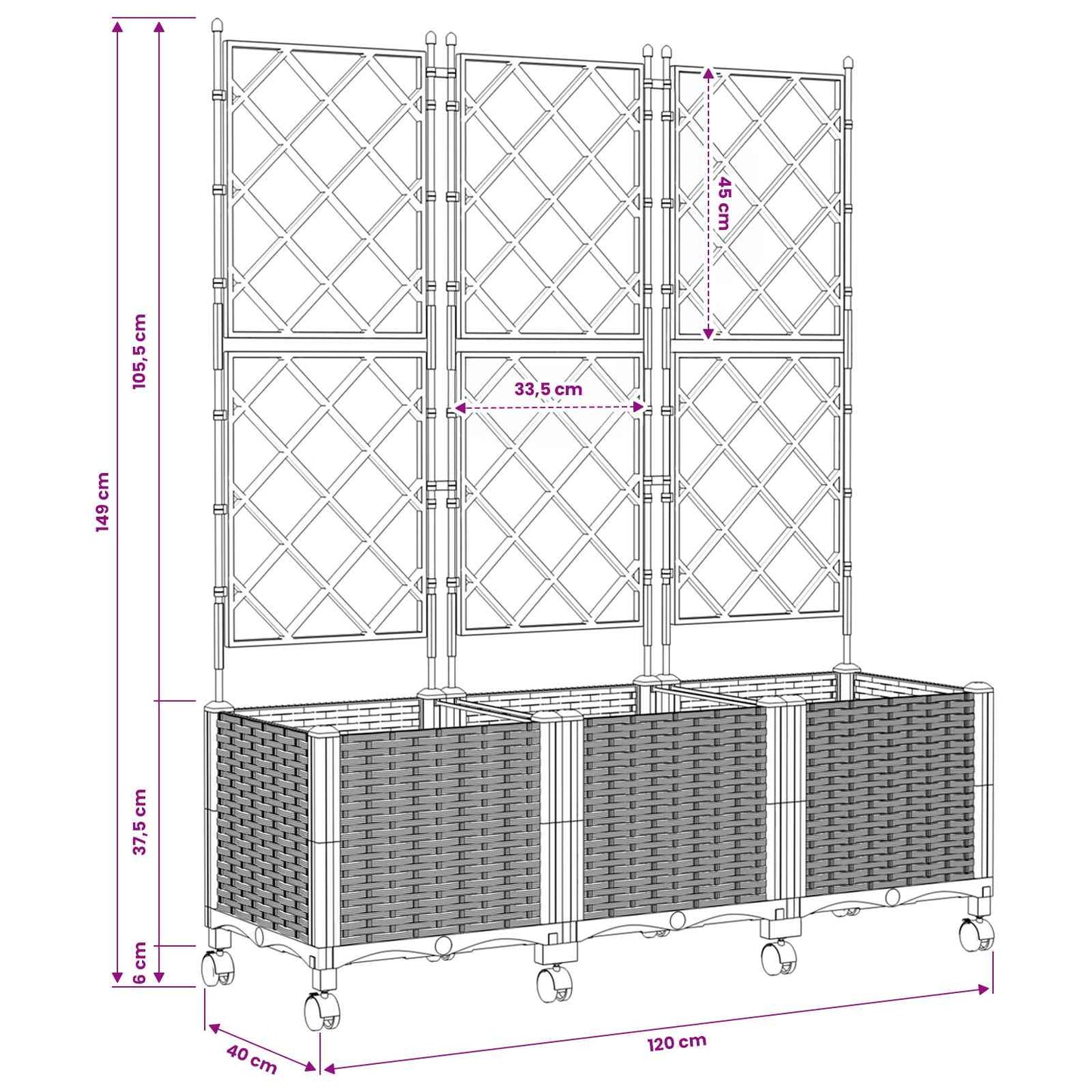 Garden Planter with Trellis&Wheels 3 pcs Brown PP