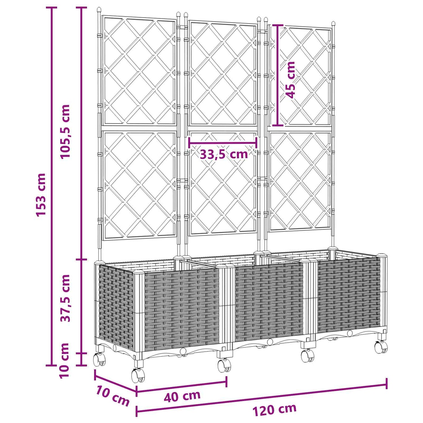 Garden Planter with Trellis&Wheels 3 pcs Black PP