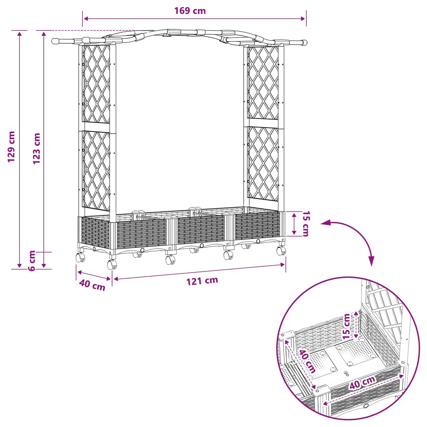 Raised Bed with Trellis and Roof Black 169 x 40 x 129 cm PP