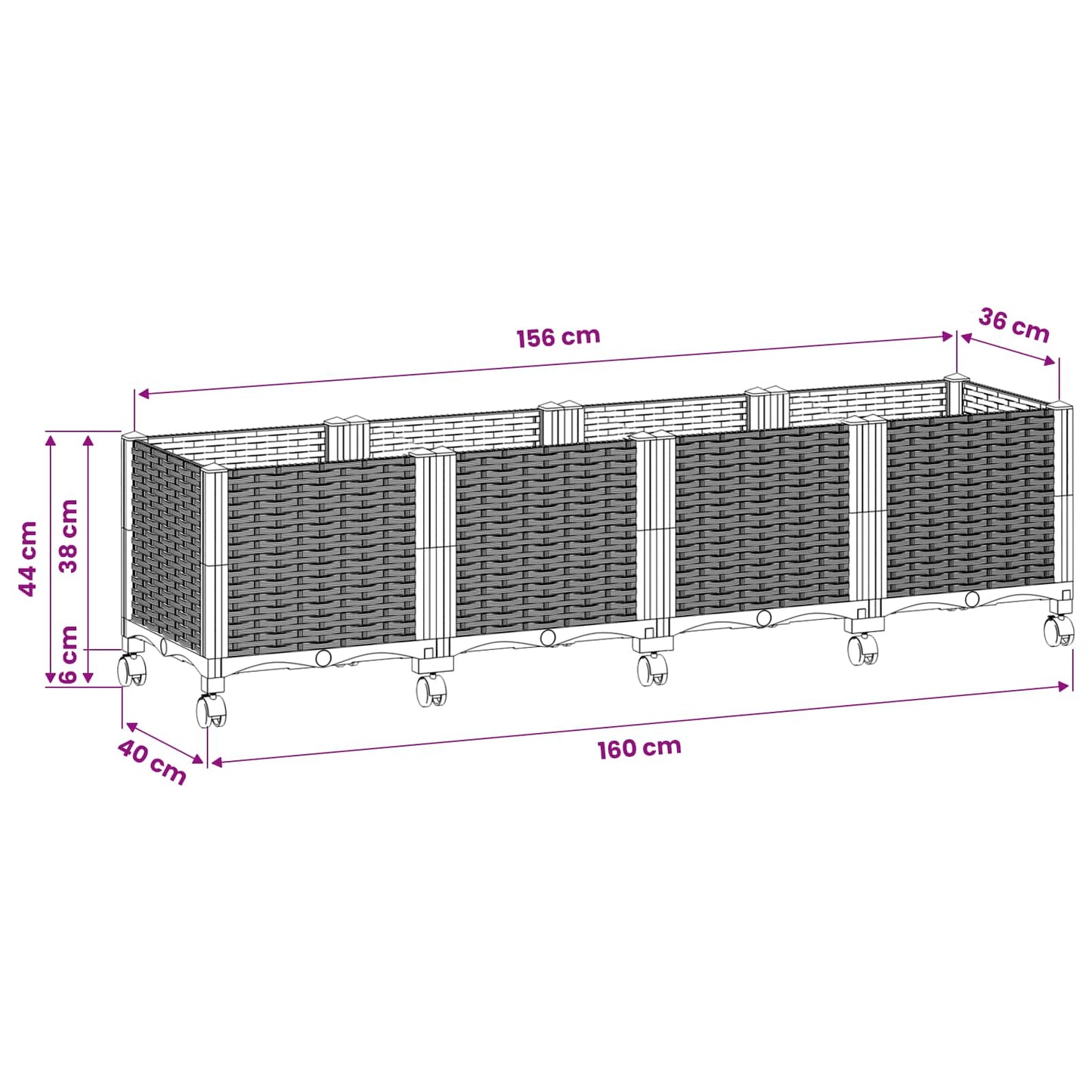 Garden Planter with Wheels Brown 160 x 40 x 44 cm PP