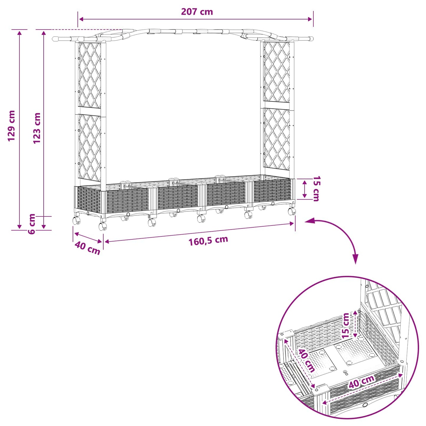 Raised Bed with Trellis and Roof Brown 207 x 40 x 129 cm PP