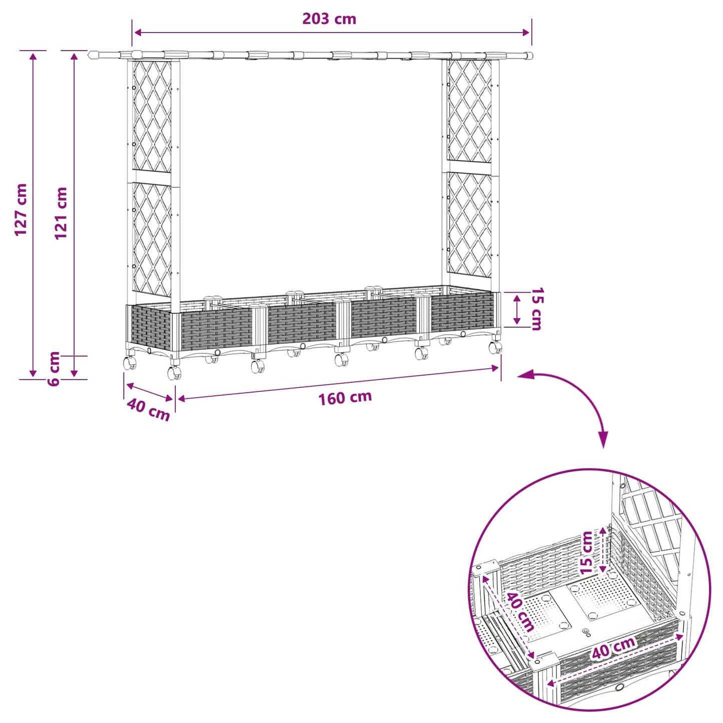Raised Bed with Trellis and Roof Black 203 x 40 x 127 cm PP