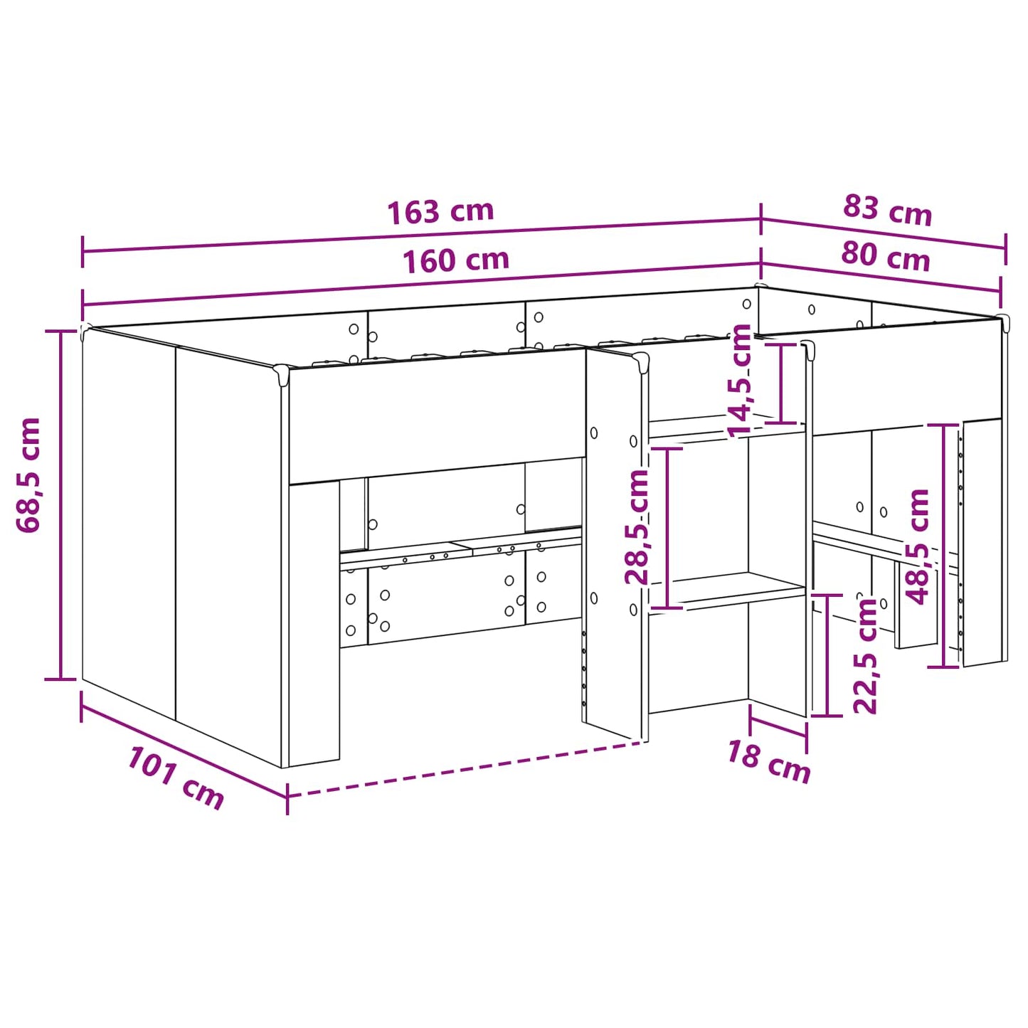 Kids'High Bed Frame 2 pcs Black Oak 163 x 101.1 x 68.5 cm