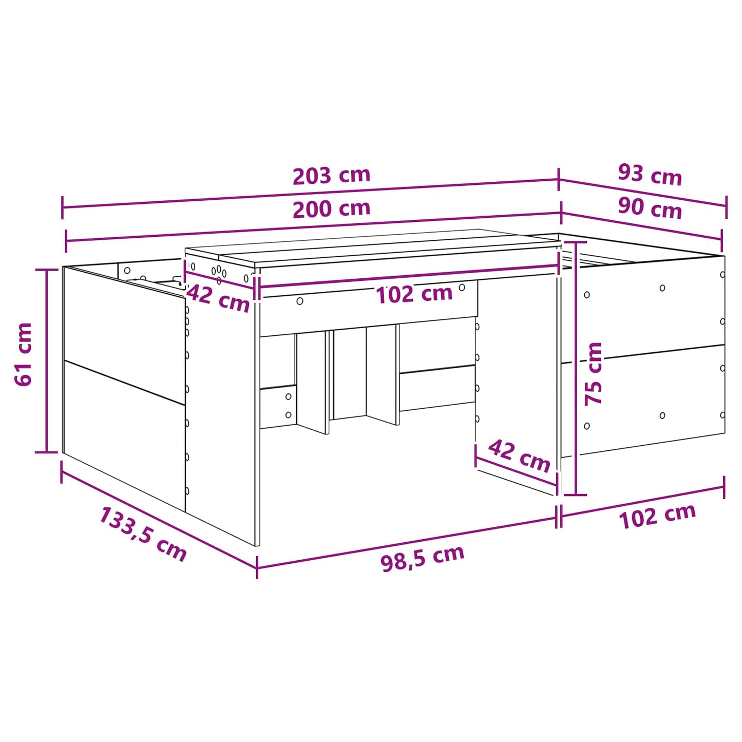 Kids'High Bed Frame with Desk White 90 x 200 cm