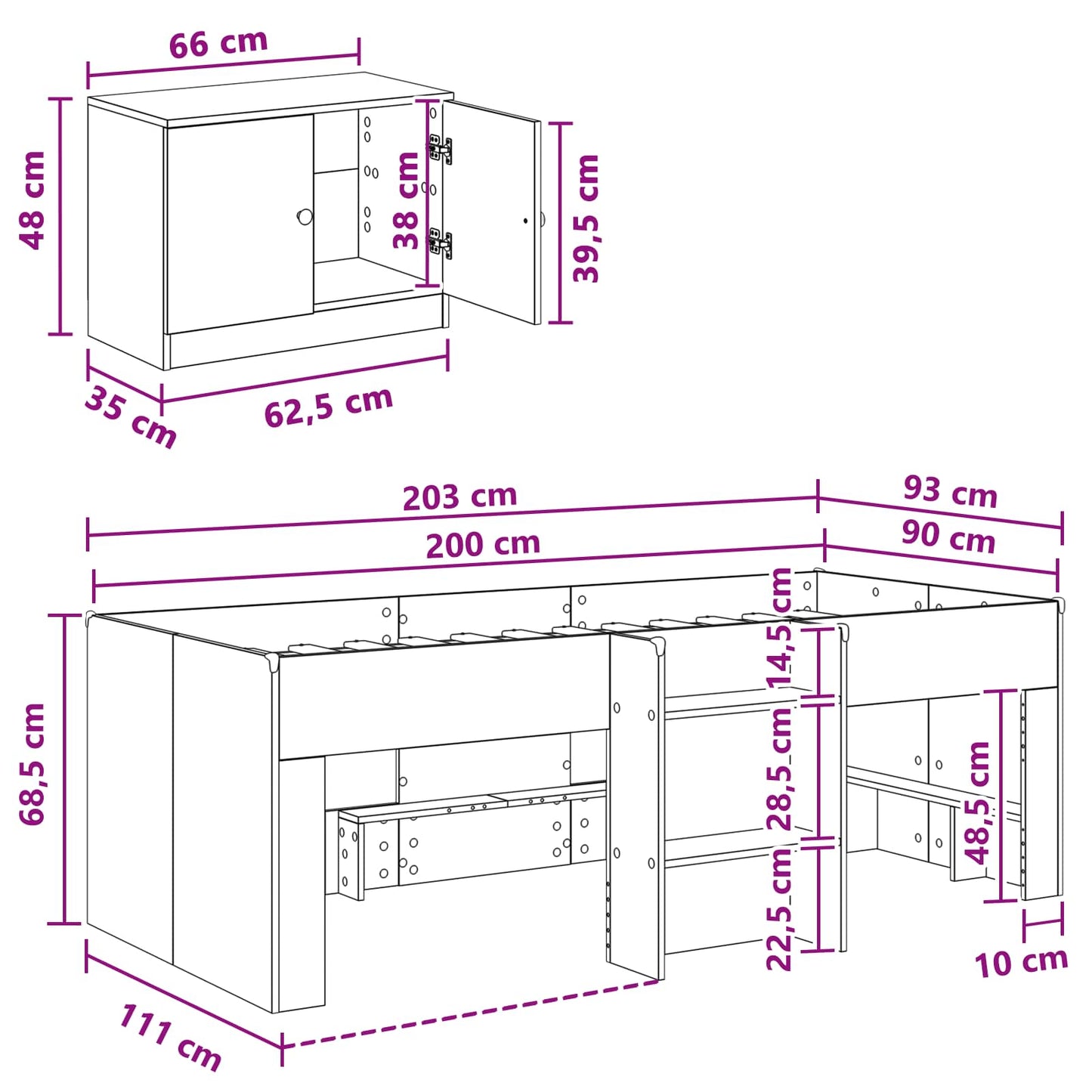 Loft Bed Frame with Cabinet 3 pcs Black Engineered Wood