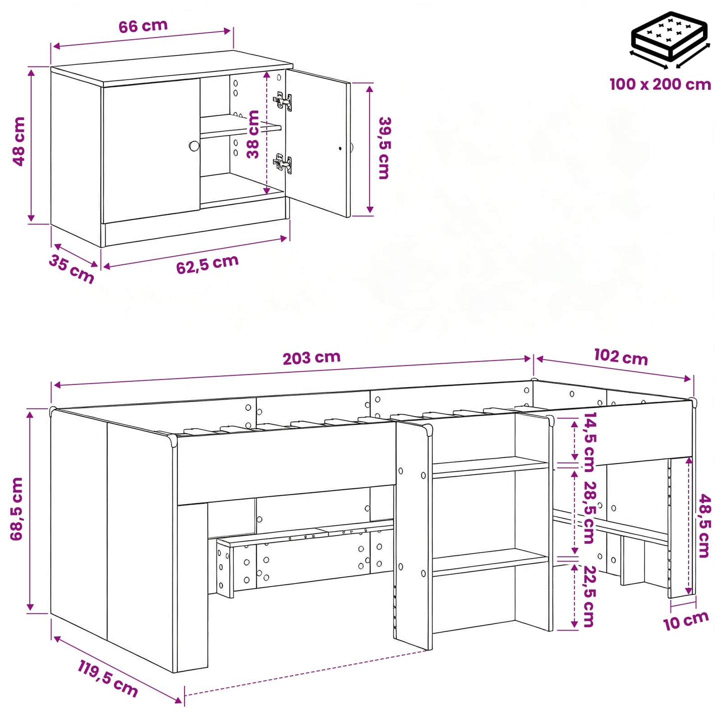 Loft Bed Frame with Cabinet 3 pcs Black Engineered Wood