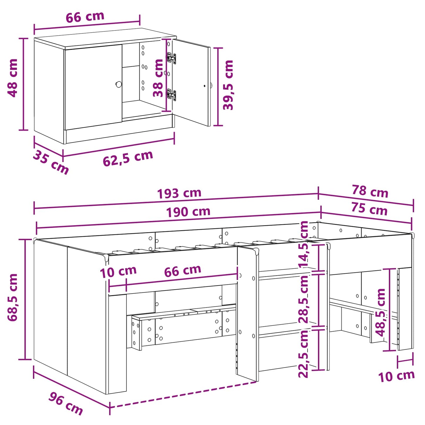Loft Bed Frame with Cabinet 3 pcs White Engineered Wood