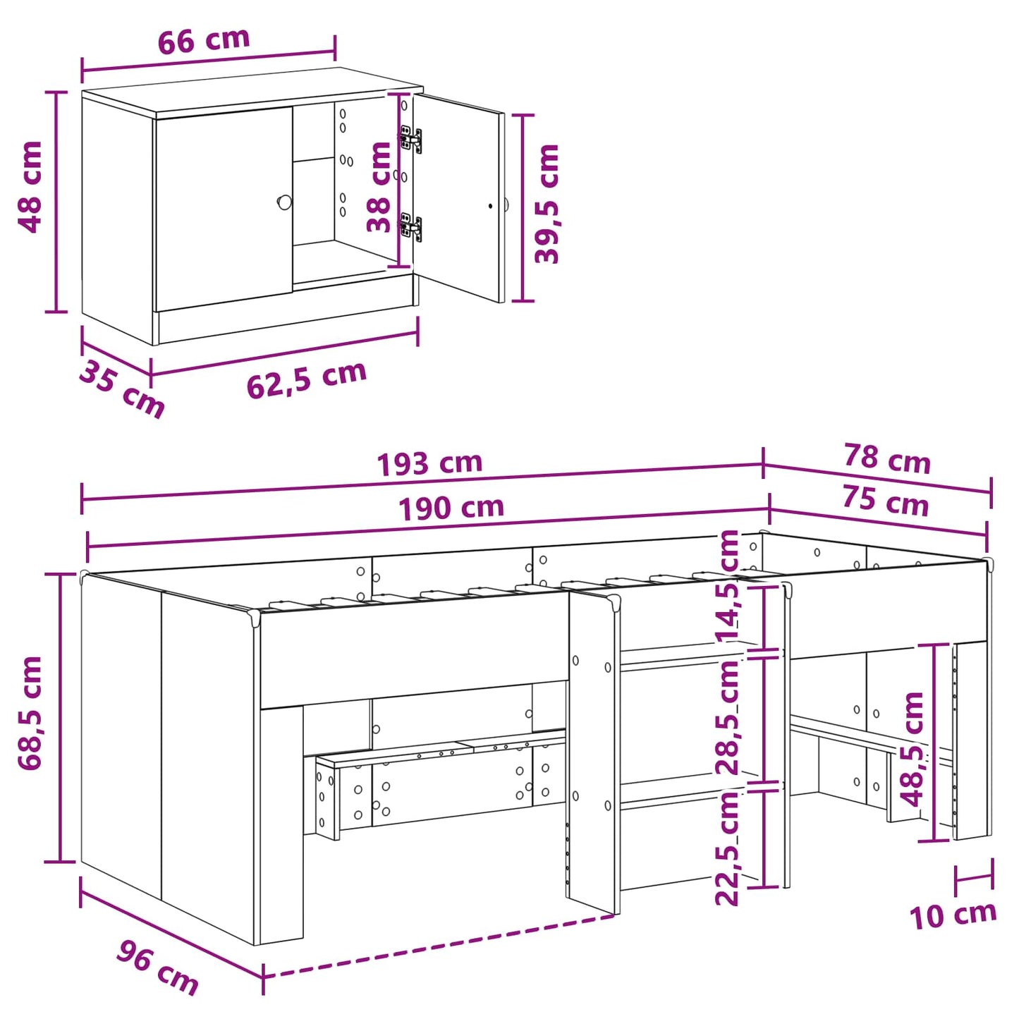 Loft Bed Frame with Cabinet 3 pcs Black Engineered Wood