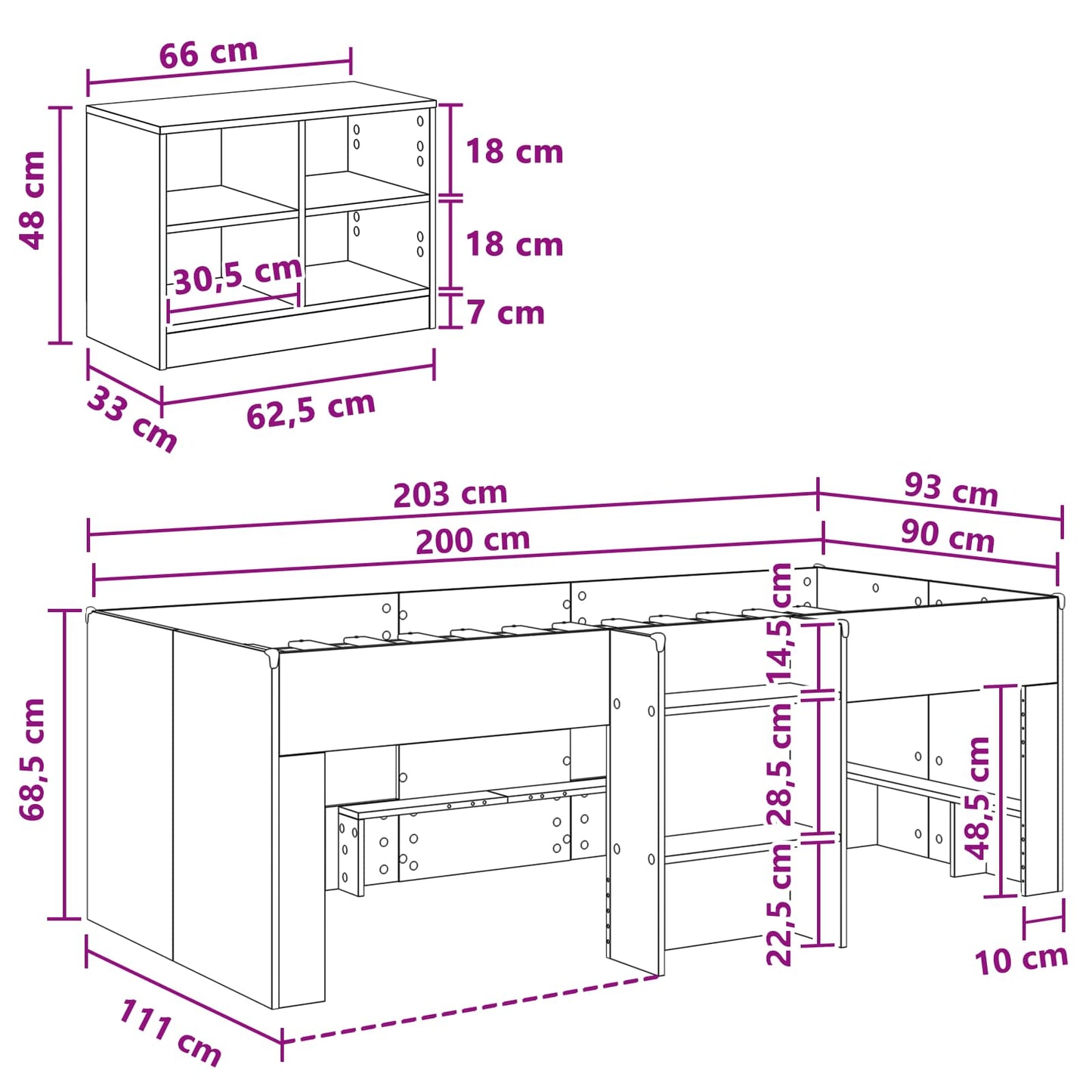 Loft Bed Frame with Cabinet 3 pcs Black Engineered Wood