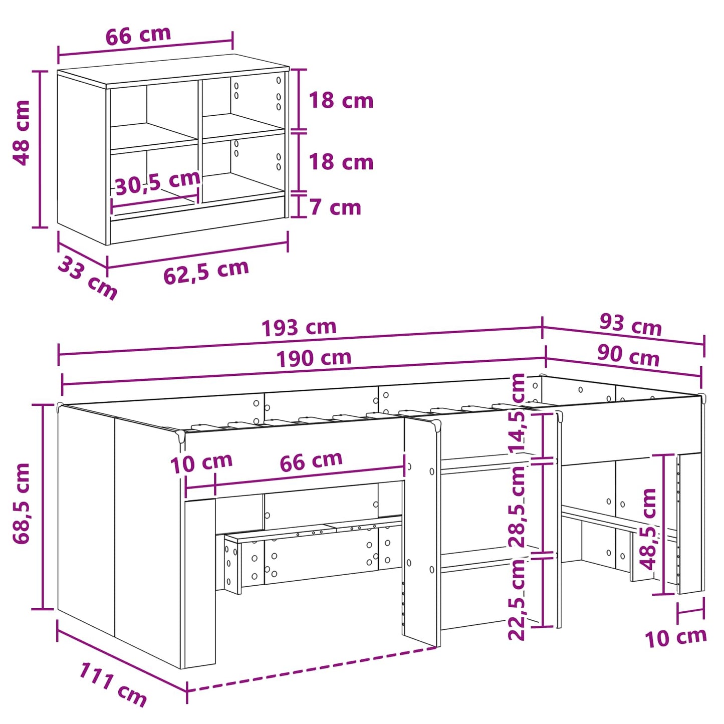 Loft Bed Frame with Cabinet 3 pcs White Engineered Wood