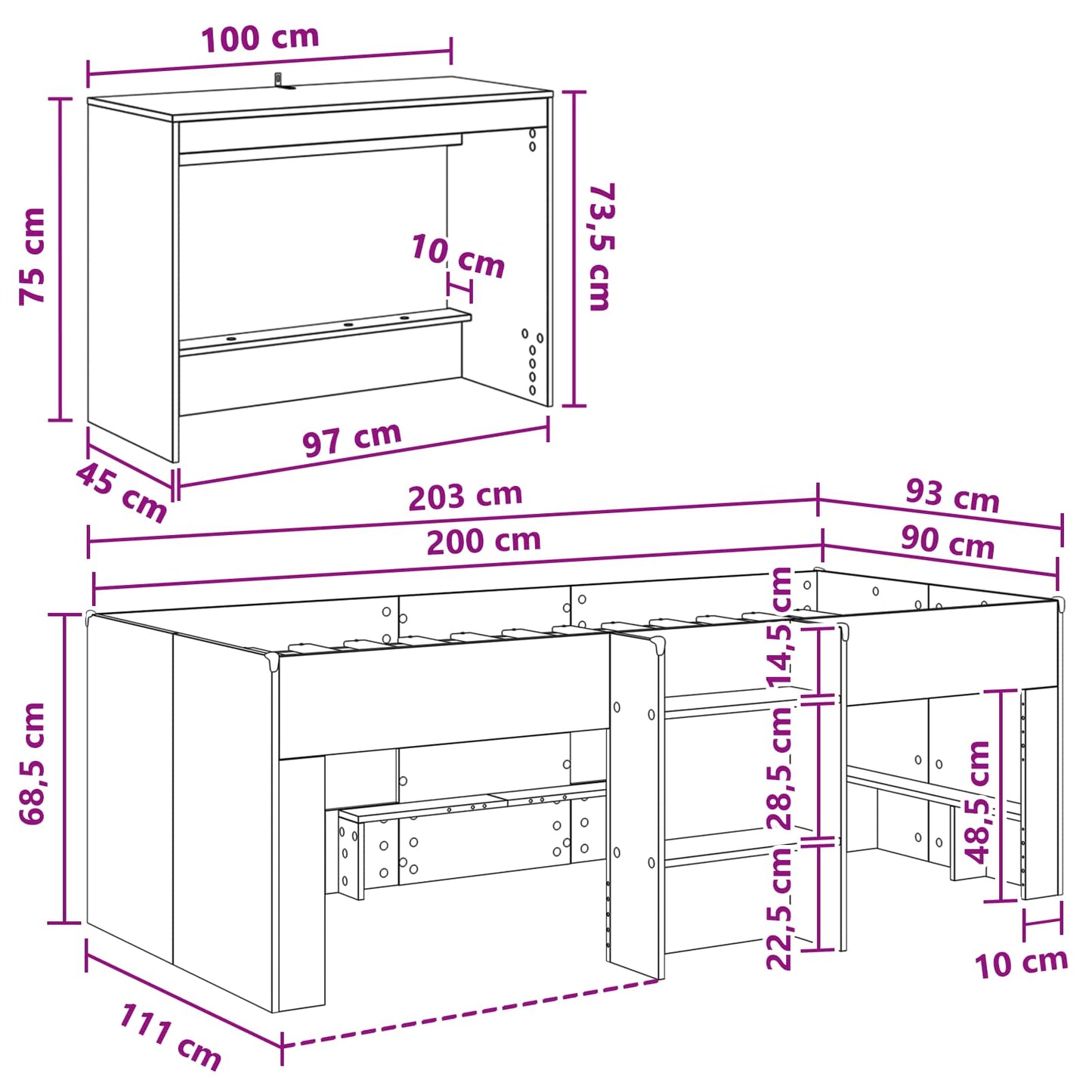 Kids'High Bed Frame with Desk 2 pcs Old wood Engineered Wood