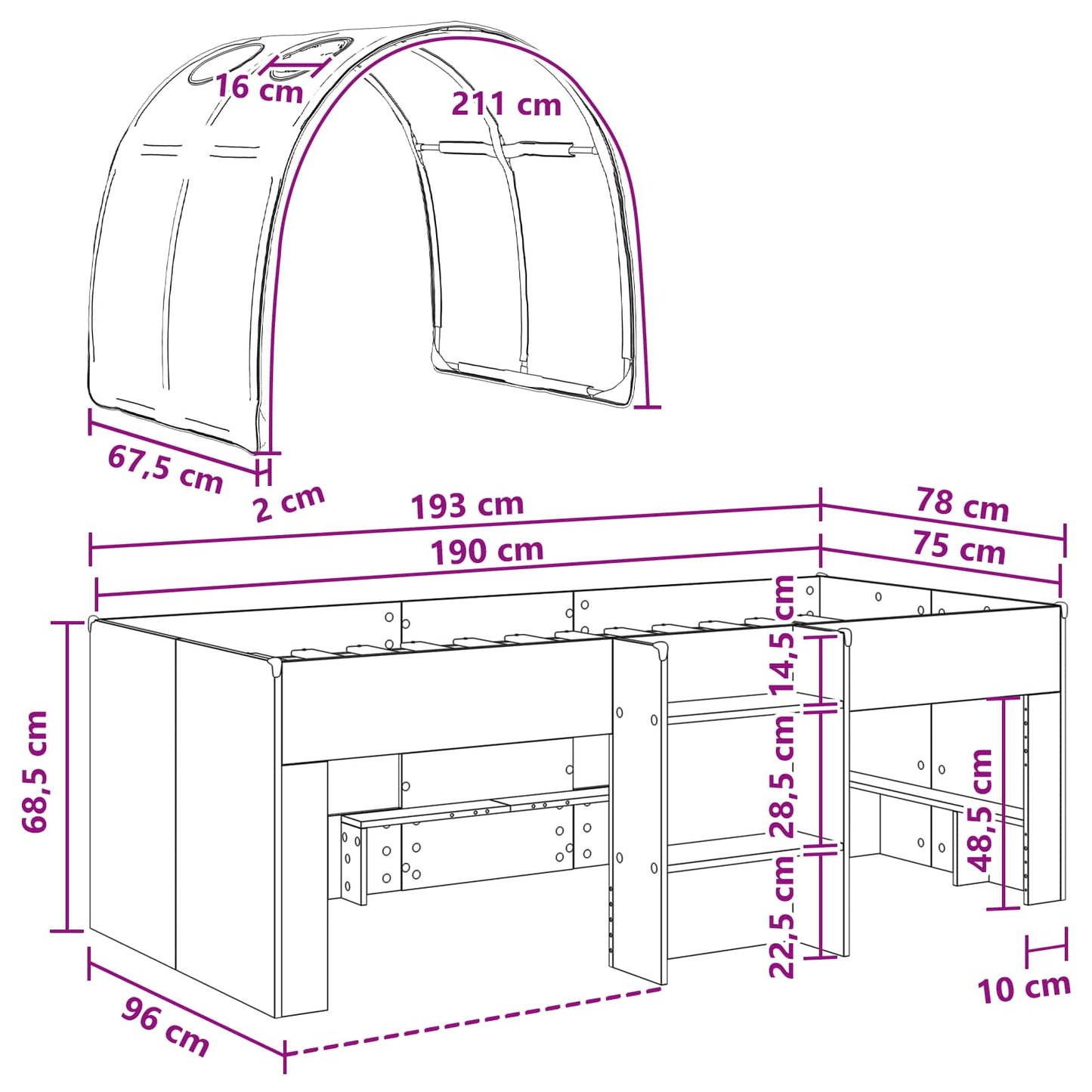 Bed with Tunnel 3 pcs White and Black Engineered Wood