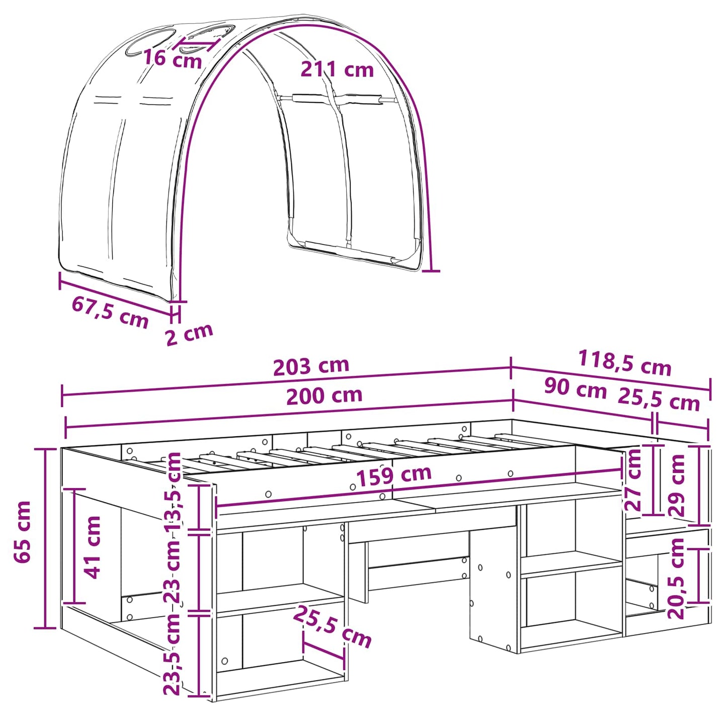 Kids'High Bed Frame with Storage 3 pcs Sonoma Oak and Pink