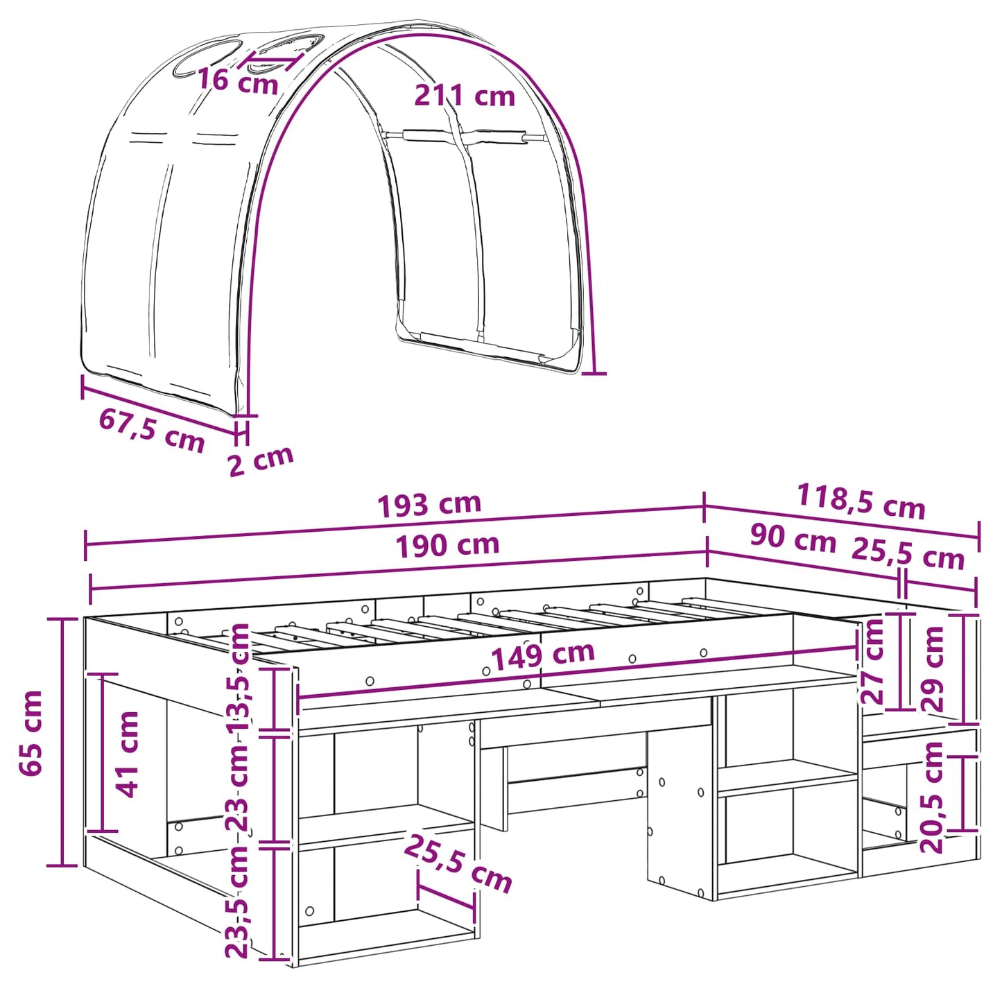 Bed Frame with Tunnel 3 pcs Sonoma Oak and Red Engineered Wood