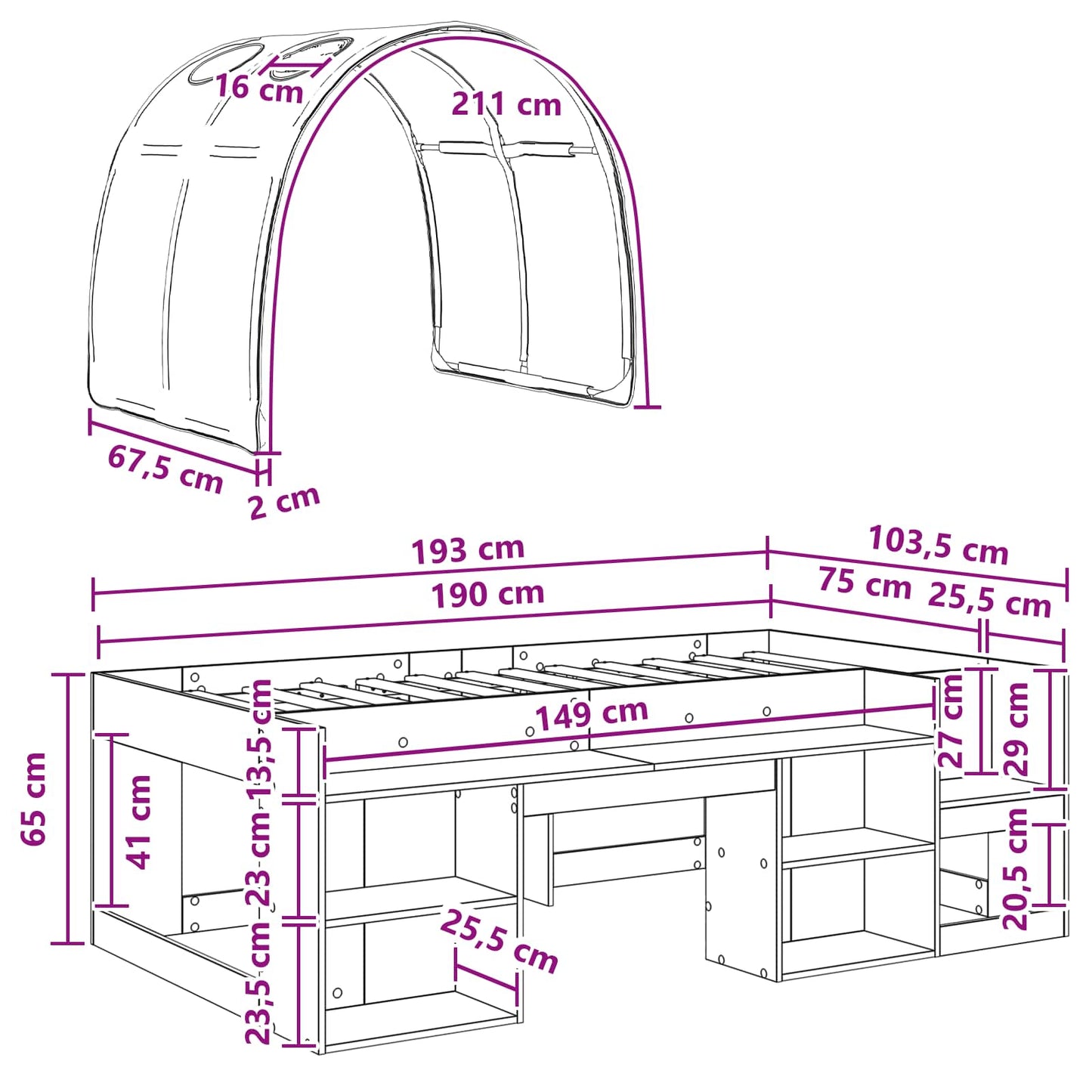 Bed Frame with Tunnel 3 pcs Sonoma Oak and Red Engineered Wood