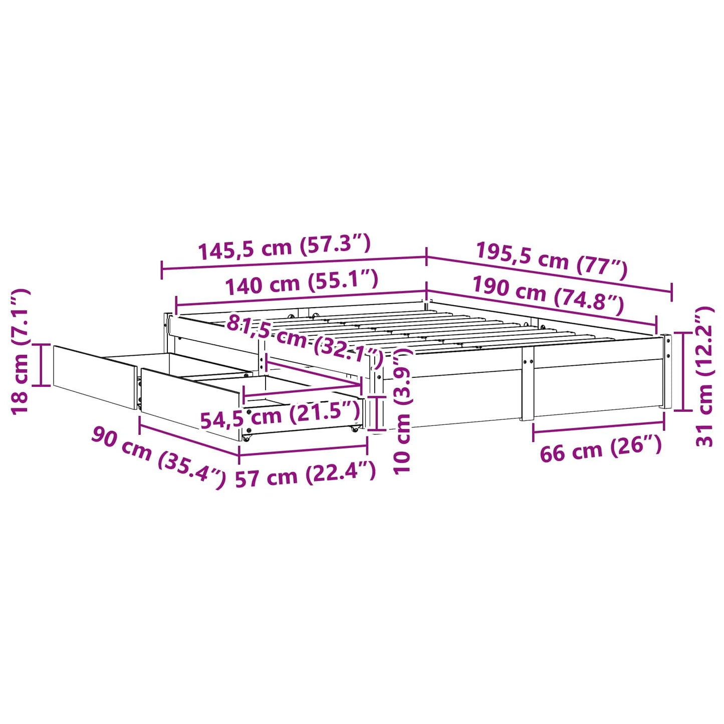 Bed Frame with Drawer with Wheel 2 pcs Solid Pine Wood