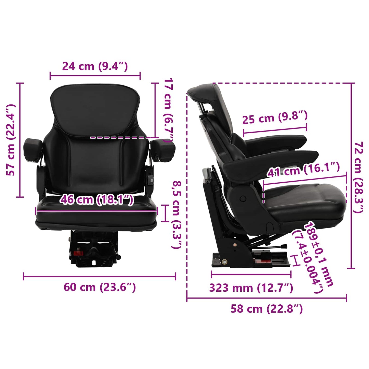 Tractor Seat with Suspension Black 60 x 58 x 72 cm