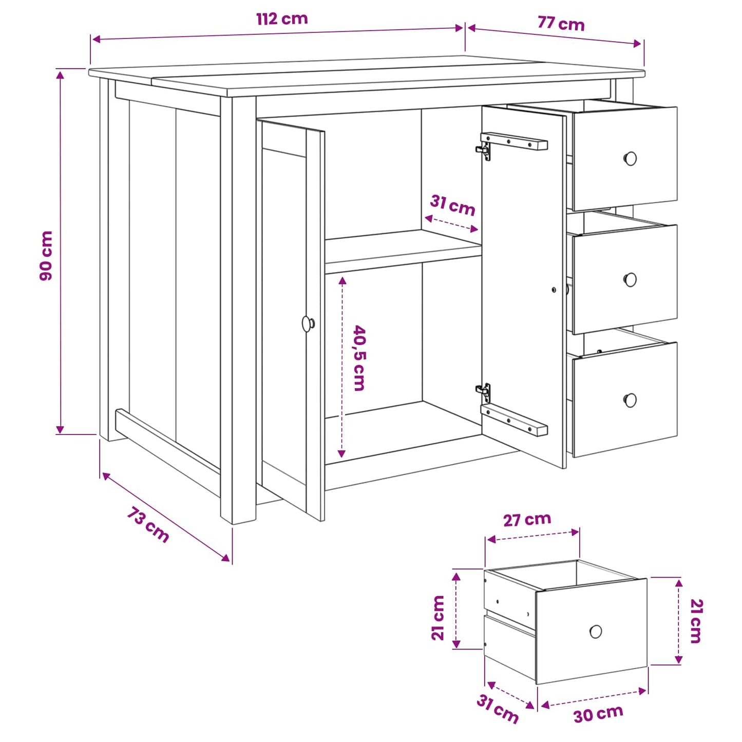 Kitchen Island Set 2 pcs PANAMA White and Honey Wax Solid-Pine