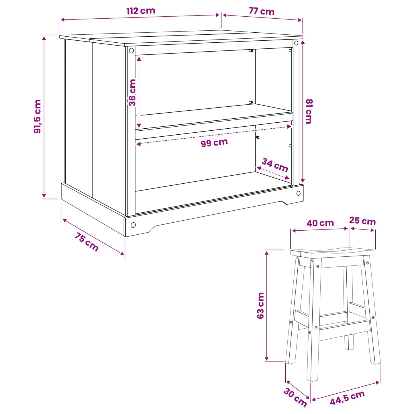 Kitchen Island Set 3 pcs White and Honey Wax 112 x 77 x 91.5 cm