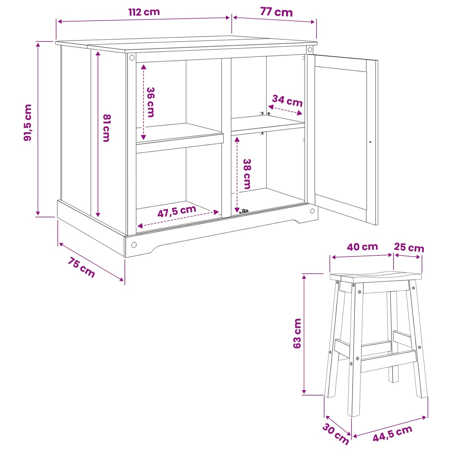 Kitchen Island Set 3 pcs White and Honey Wax 112 x 77 x 91.5 cm