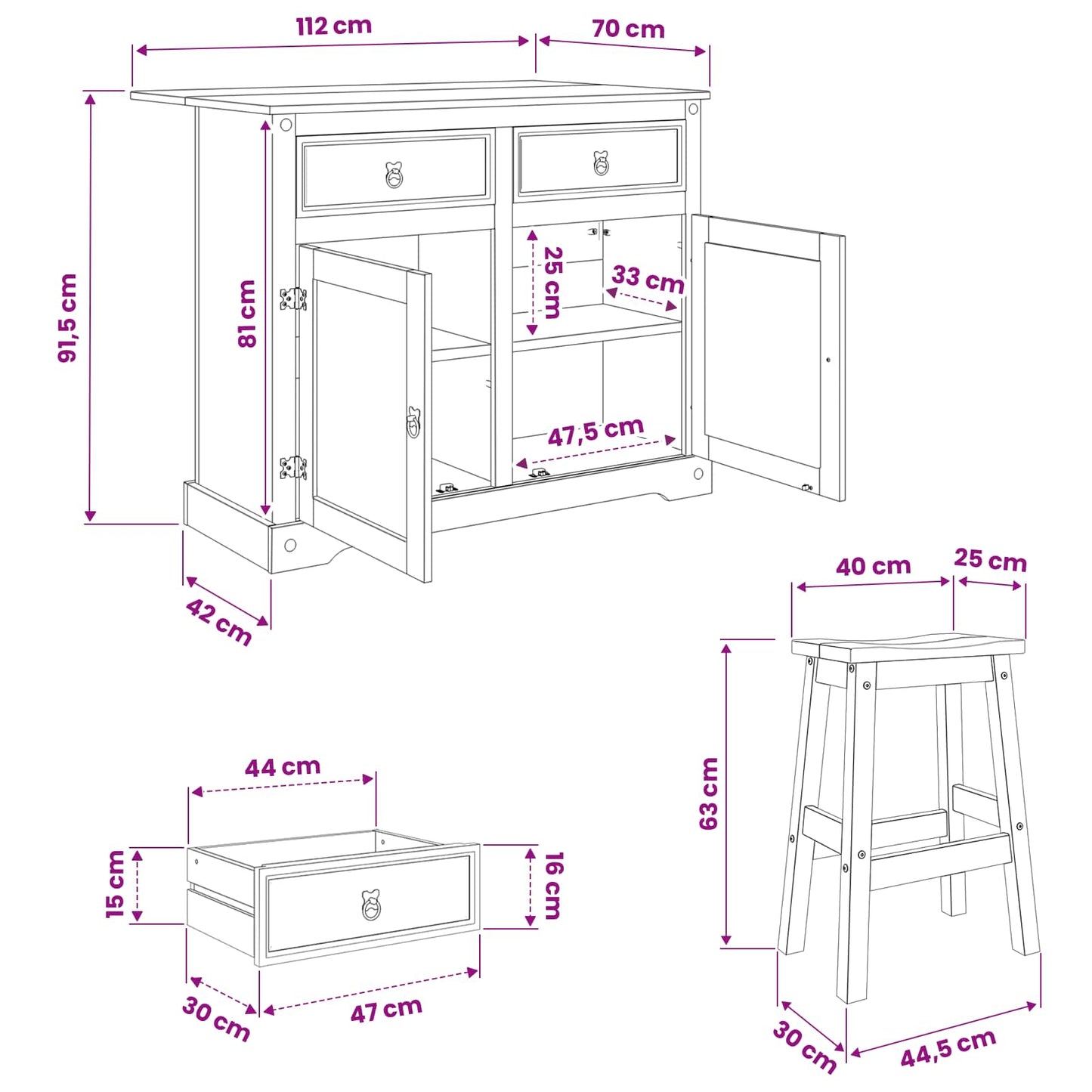 Kitchen Island Set 3 pcs CORONA White and Honey Wax Solid-Pine