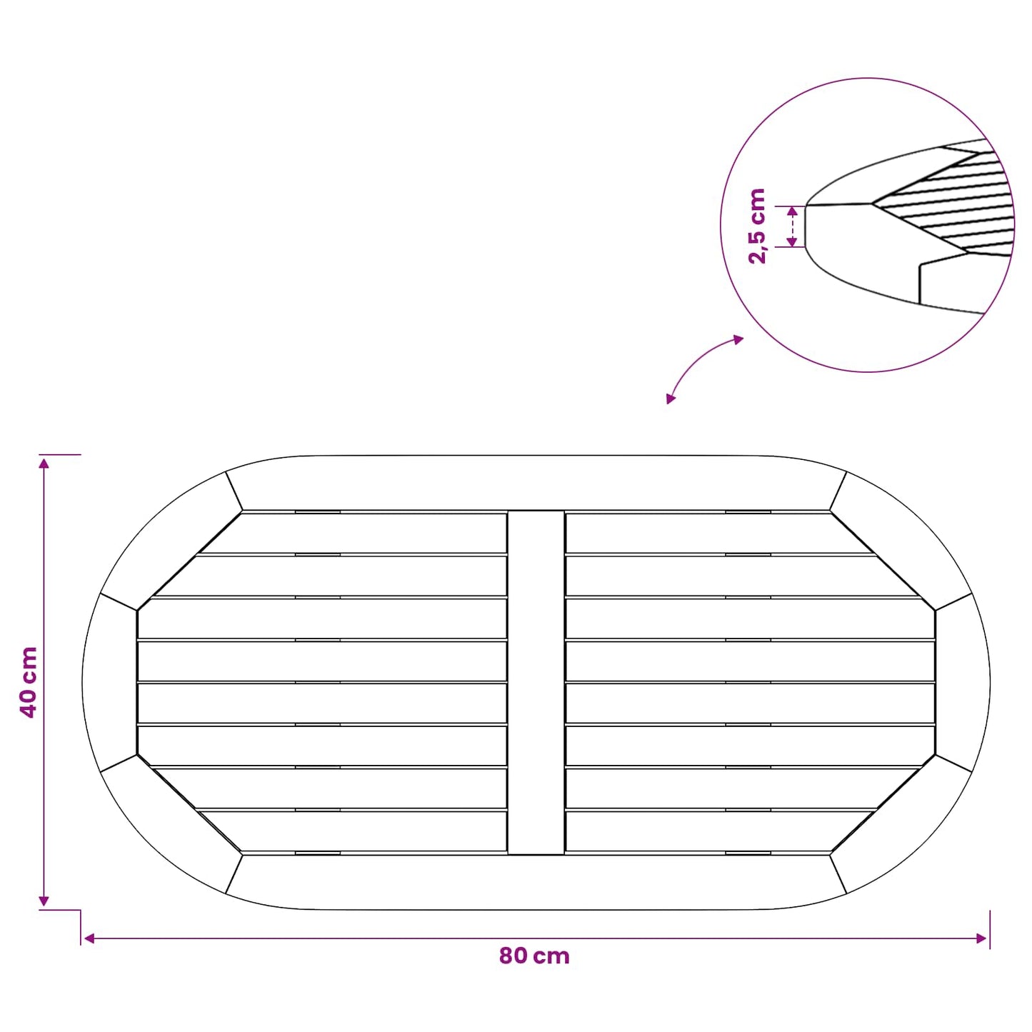Table Top 80 x 40 x 2.5 cm Oval Solid Teak Wood Natural