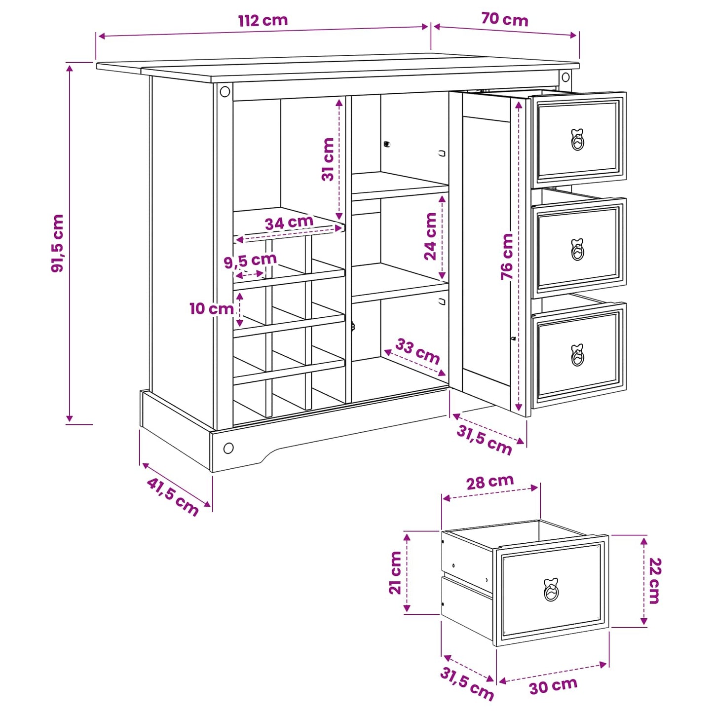 Kitchen Storage White and Honey Wax 112 x 70 x 91.5 cm