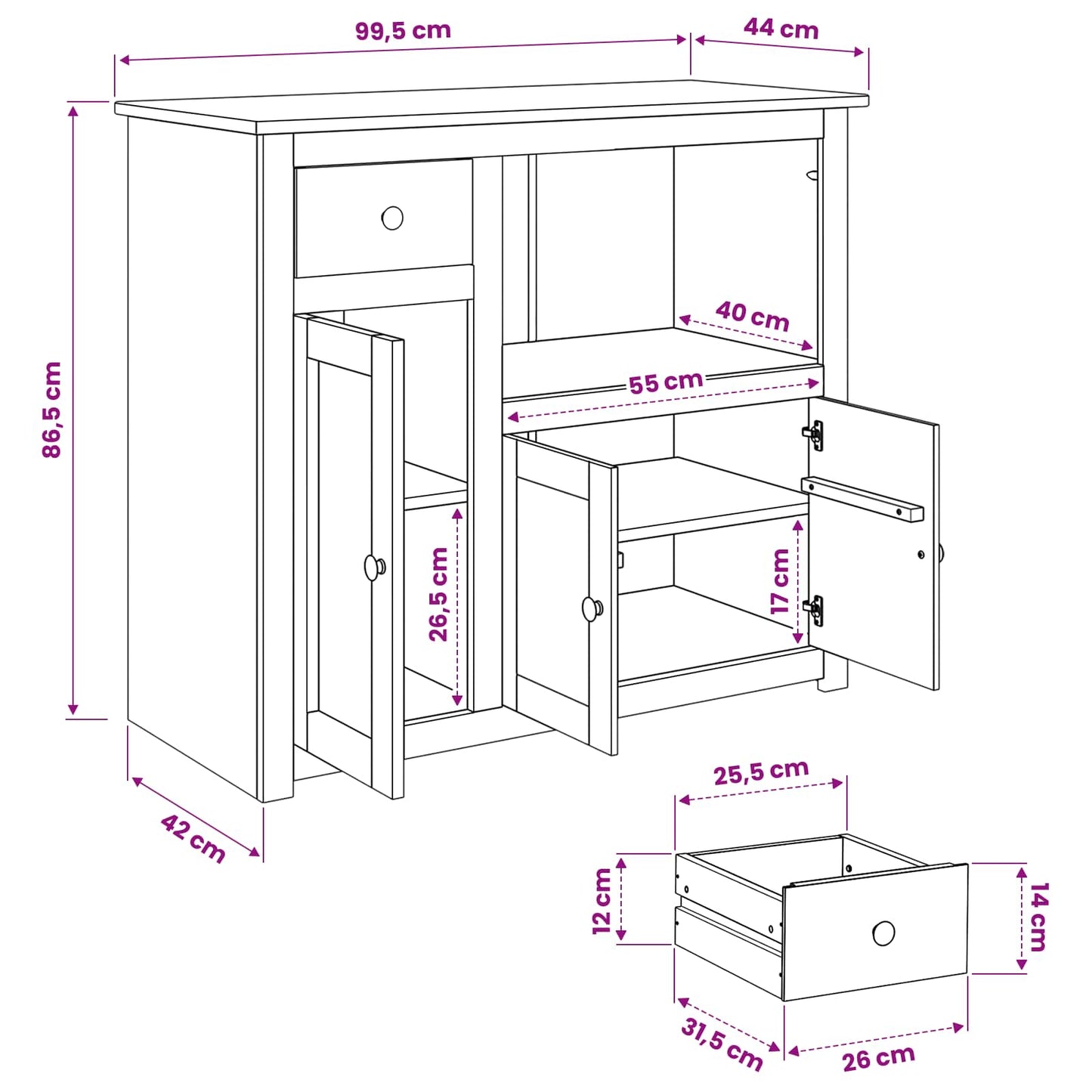 Microwave Sideboard PANAMA White and Honey Wax Solid-Pine