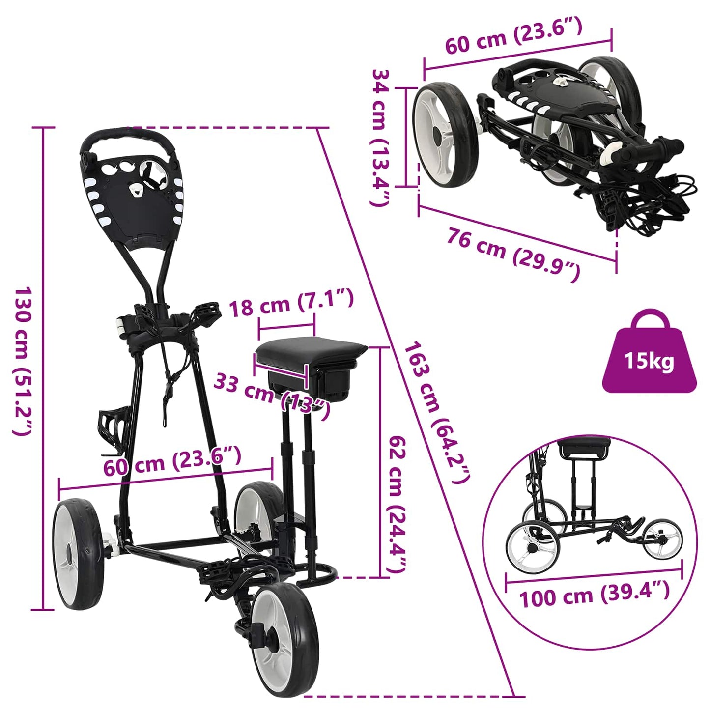 Golf Trolley with Seat Black and White Iron Foldable