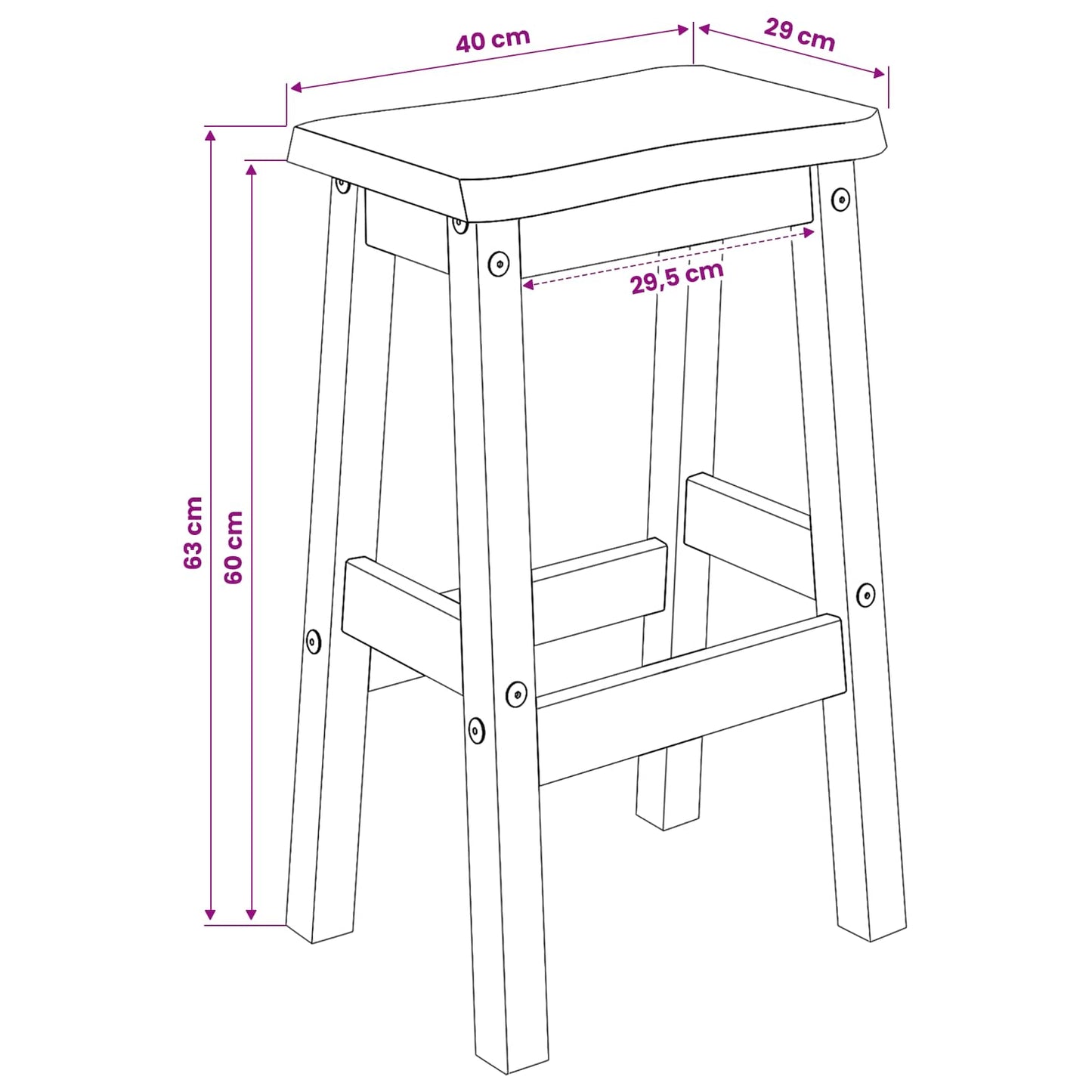 High Bar Stool EKAI 2 pcs Black 40 x 29 x 63 cm Solid Pine Wood