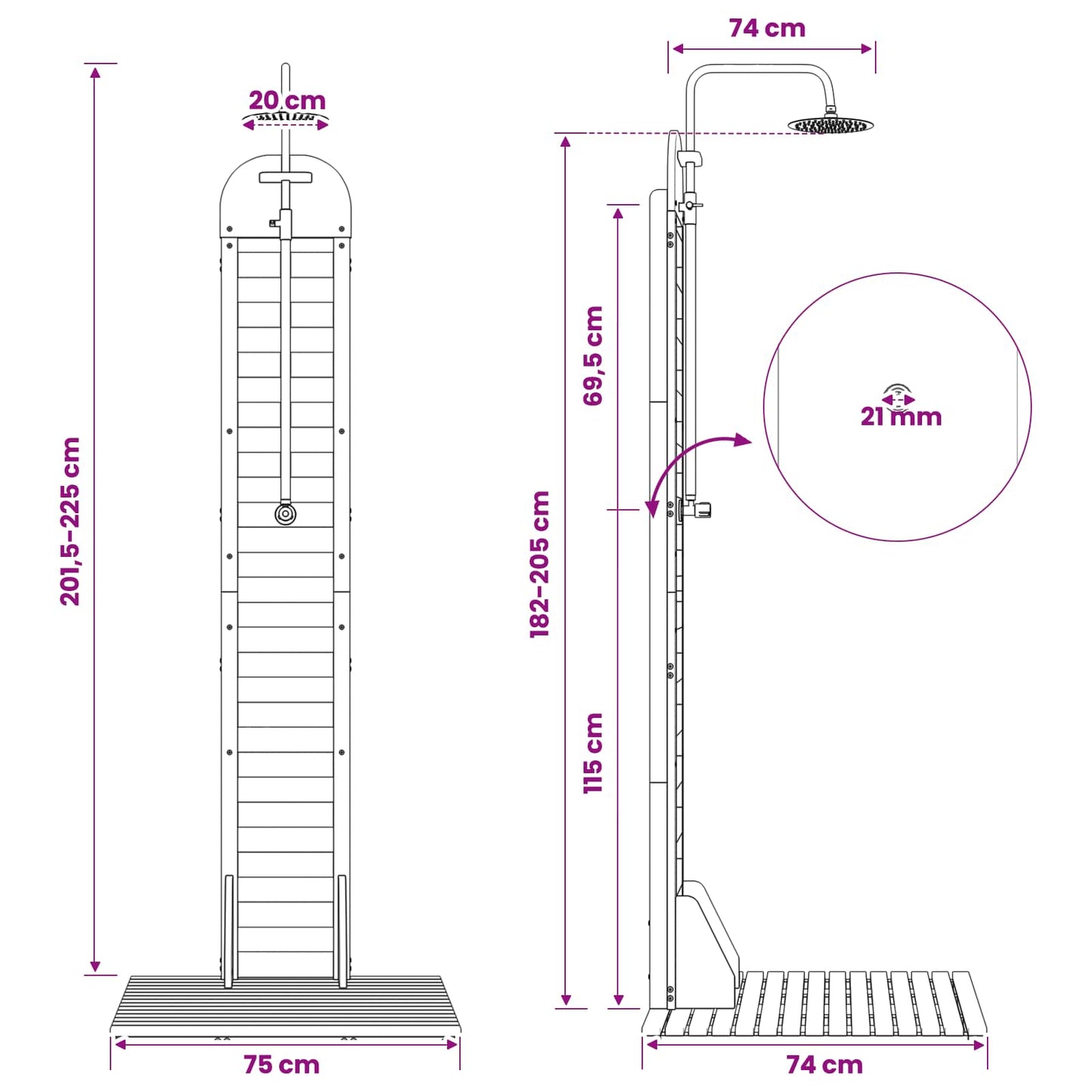 Outdoor Shower 225 cm Solid Acacia Wood and Stainless Steel
