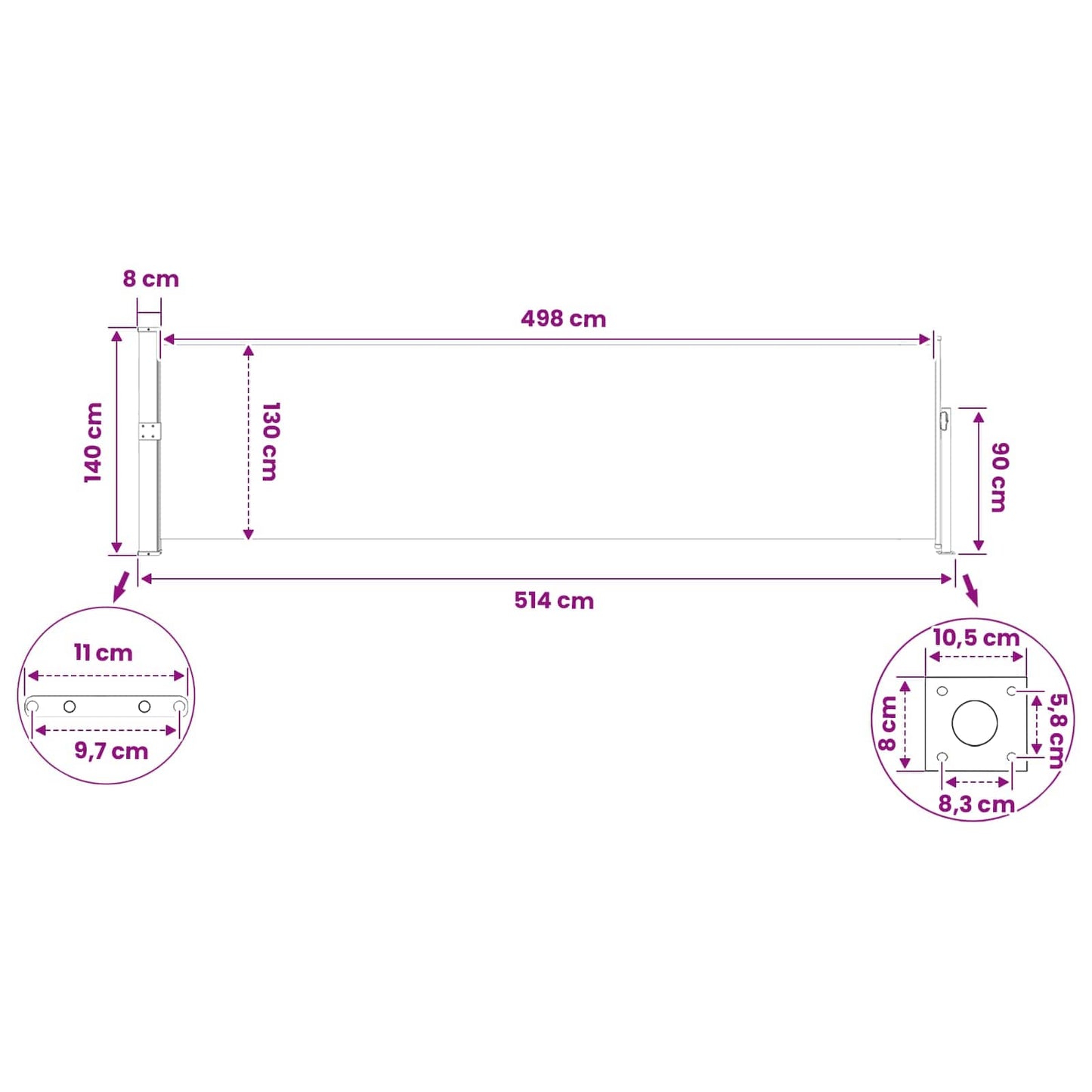 Retractable Side Awning Rectangular 140 x 500 cm Polyester