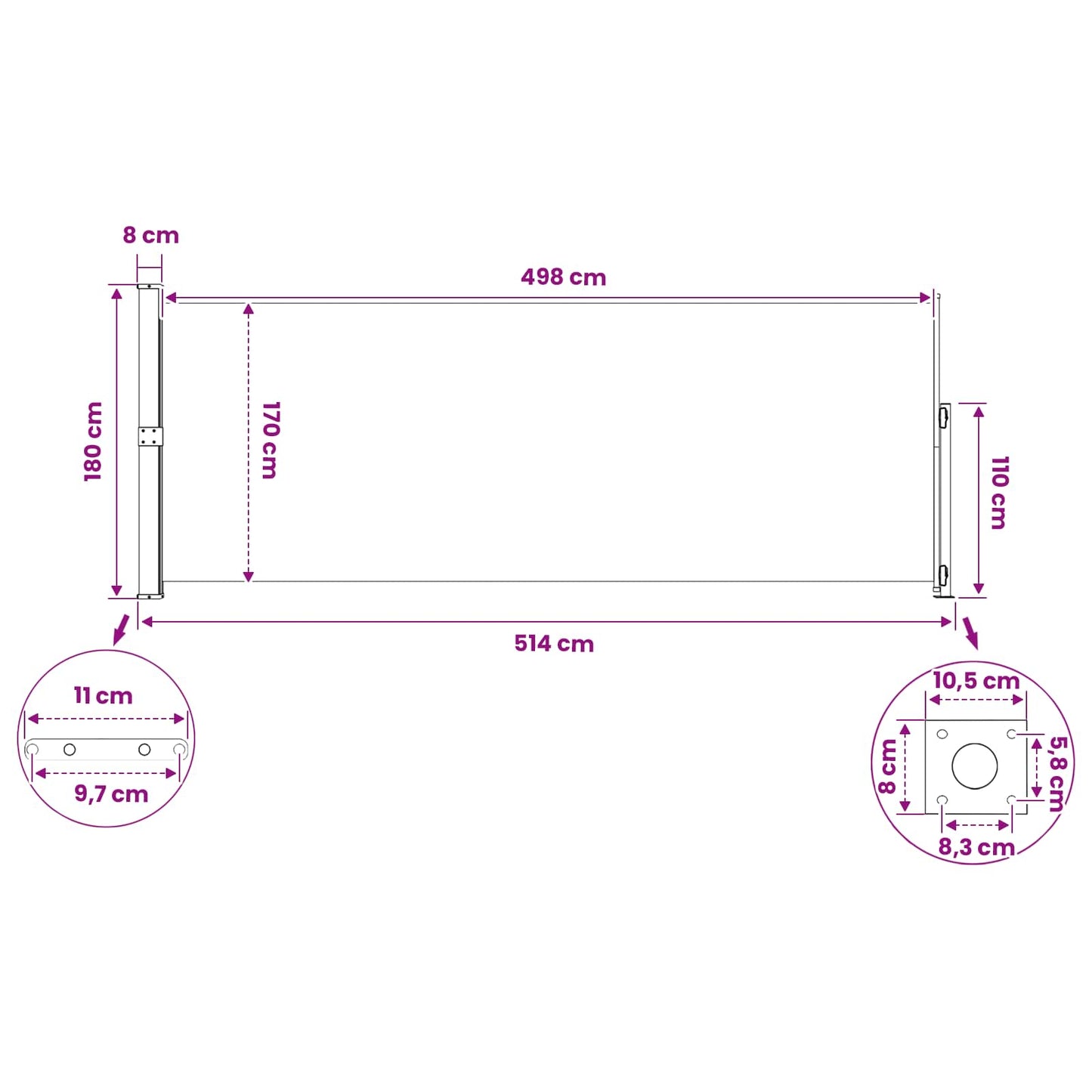 Retractable Side Awning Rectangular 180 x 500 cm
