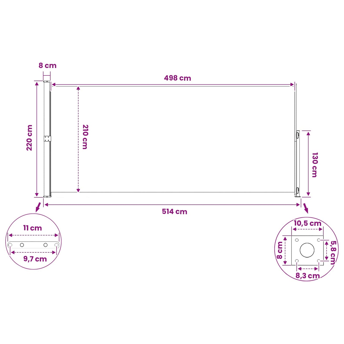 Retractable Side Awning Rectangular 220 x 500 cm