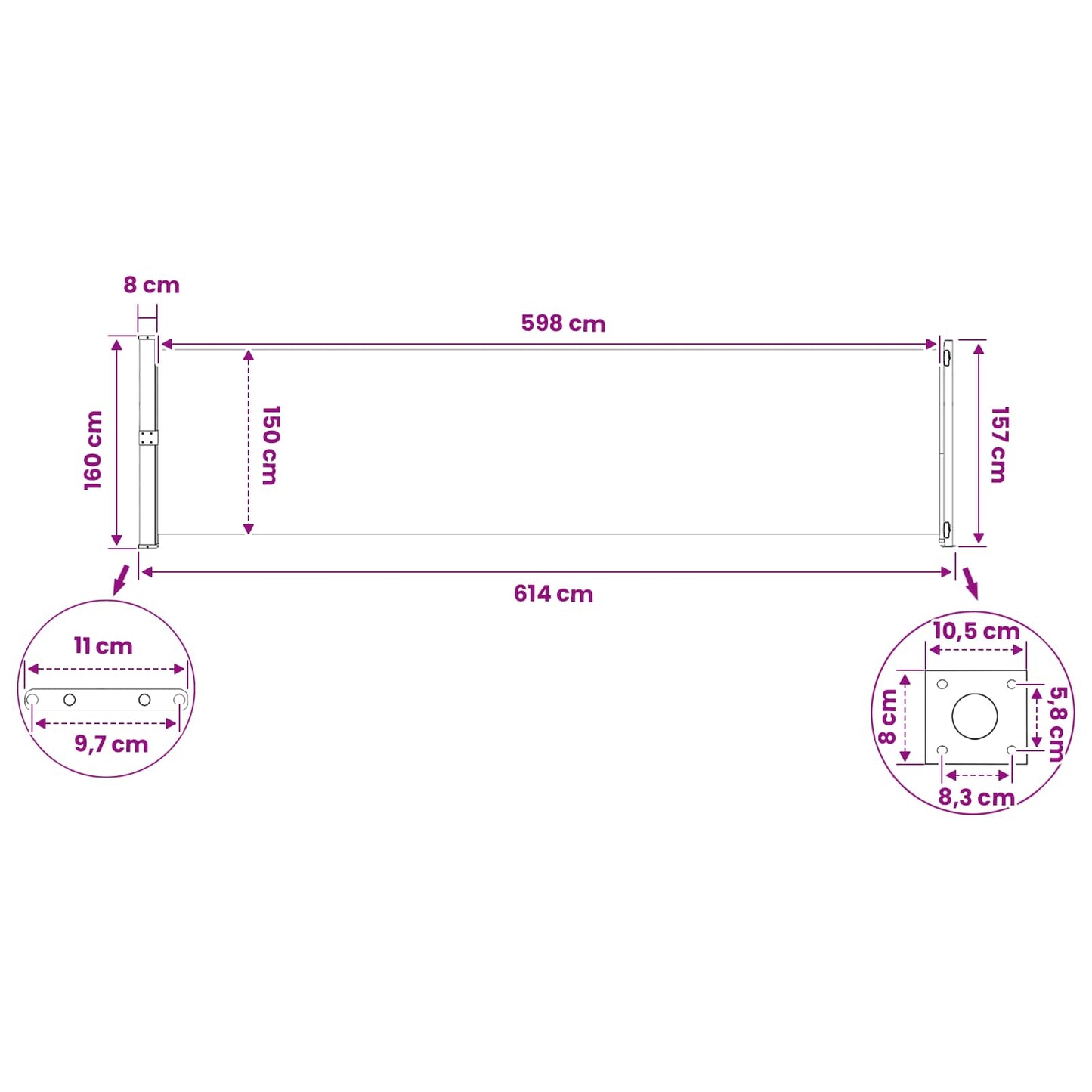 Retractable Side Awning Rectangular 160 x 600 cm Polyester