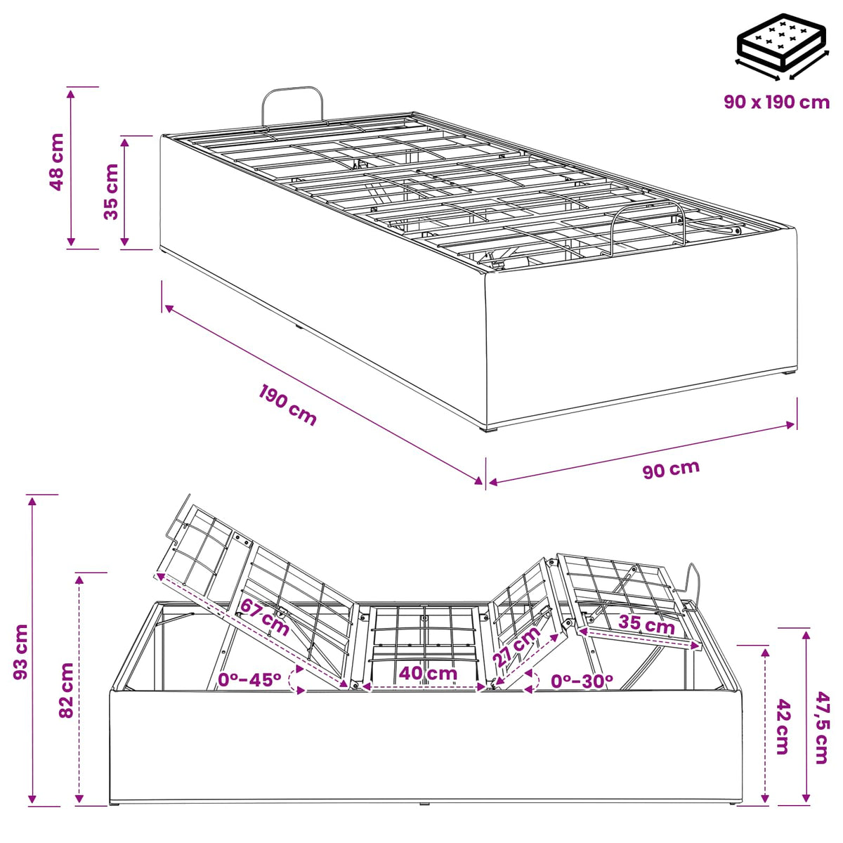 Electric Adjustable Bed Frame Grey 190 x 90 x 33.5 cm Steel