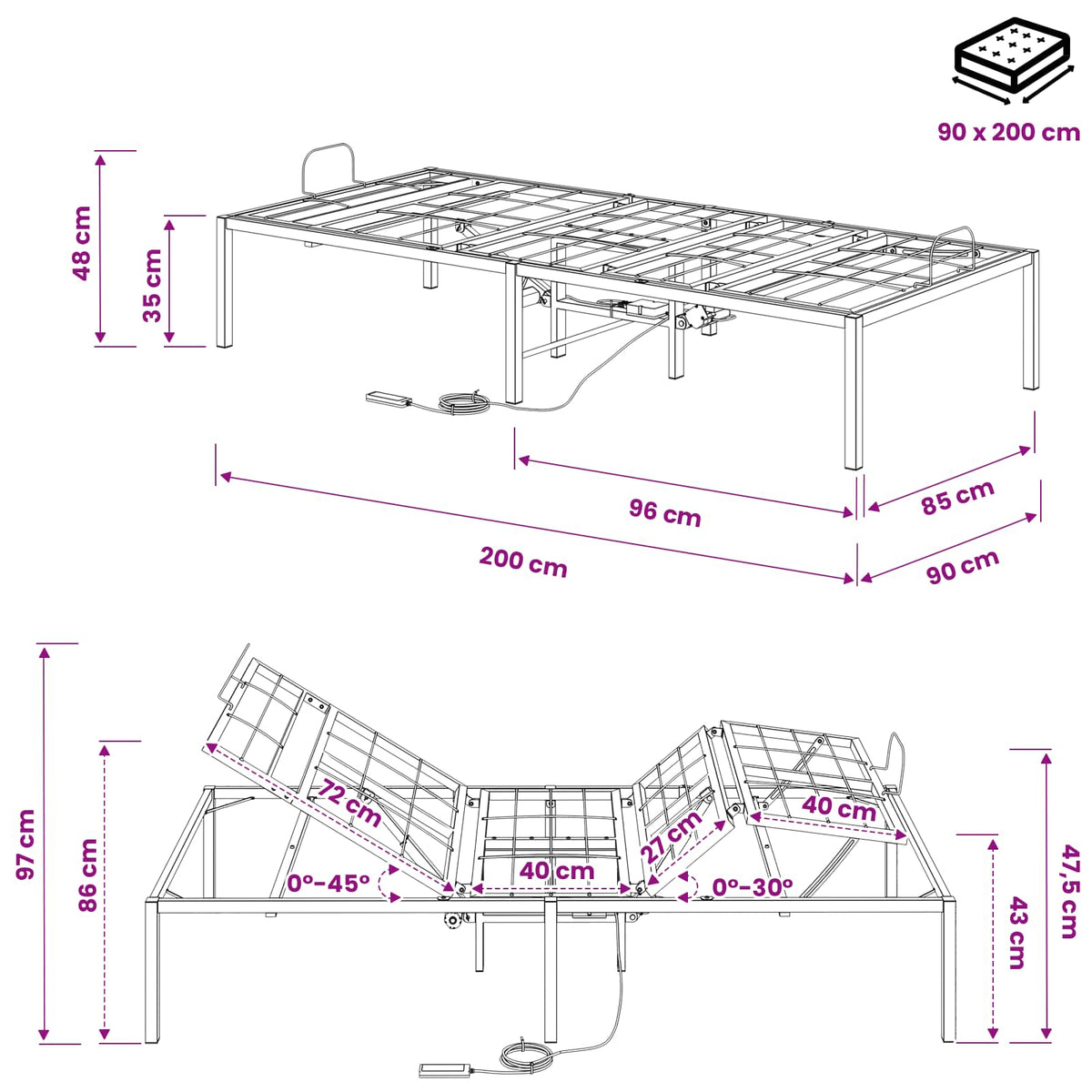 Electric Adjustable Bed Frame Black 200 x 90 x 33.5 cm Steel