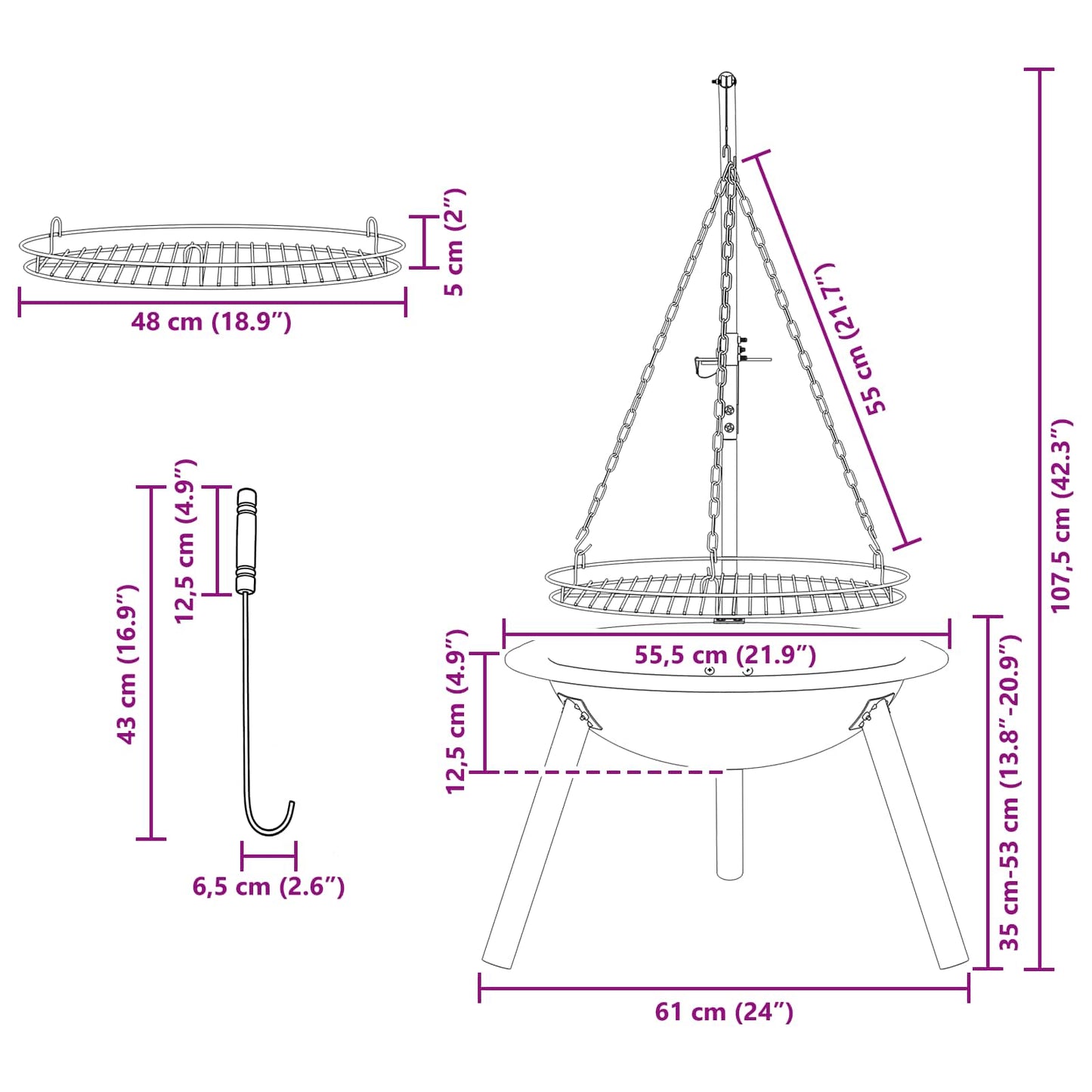 Fire Pit with Adjustable Grill Grate ⌀55.5 x 107.5 cm Steel
