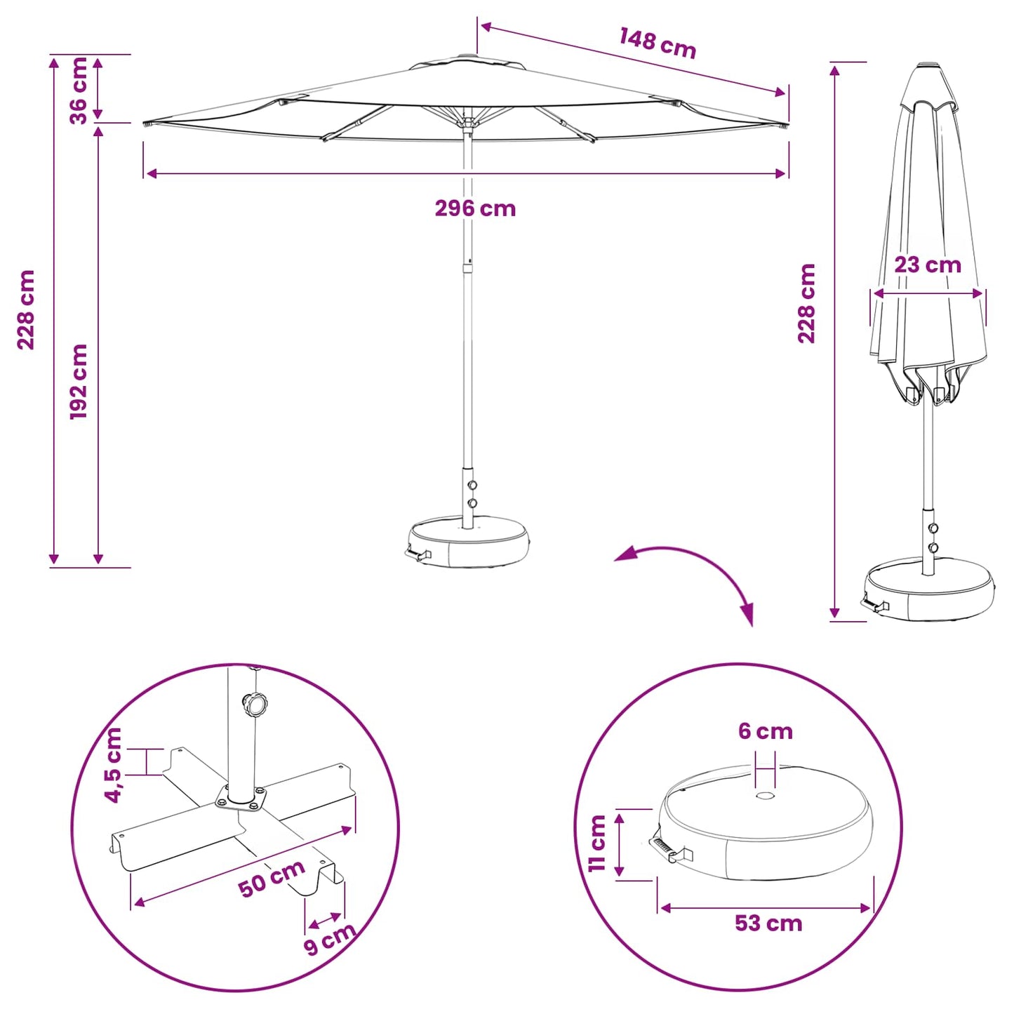 Garden Parasol with Base 300 x 300 cm Polyester Rectangular