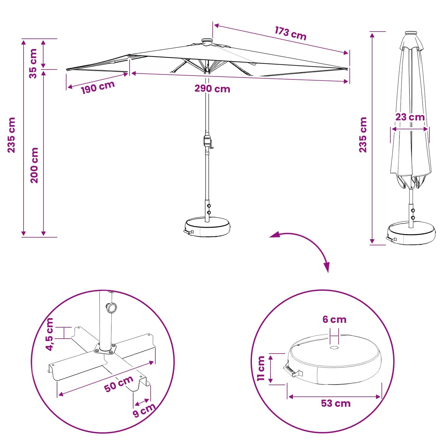 Garden Parasol with LED Lights and Base 200 x 300 cm Polyester