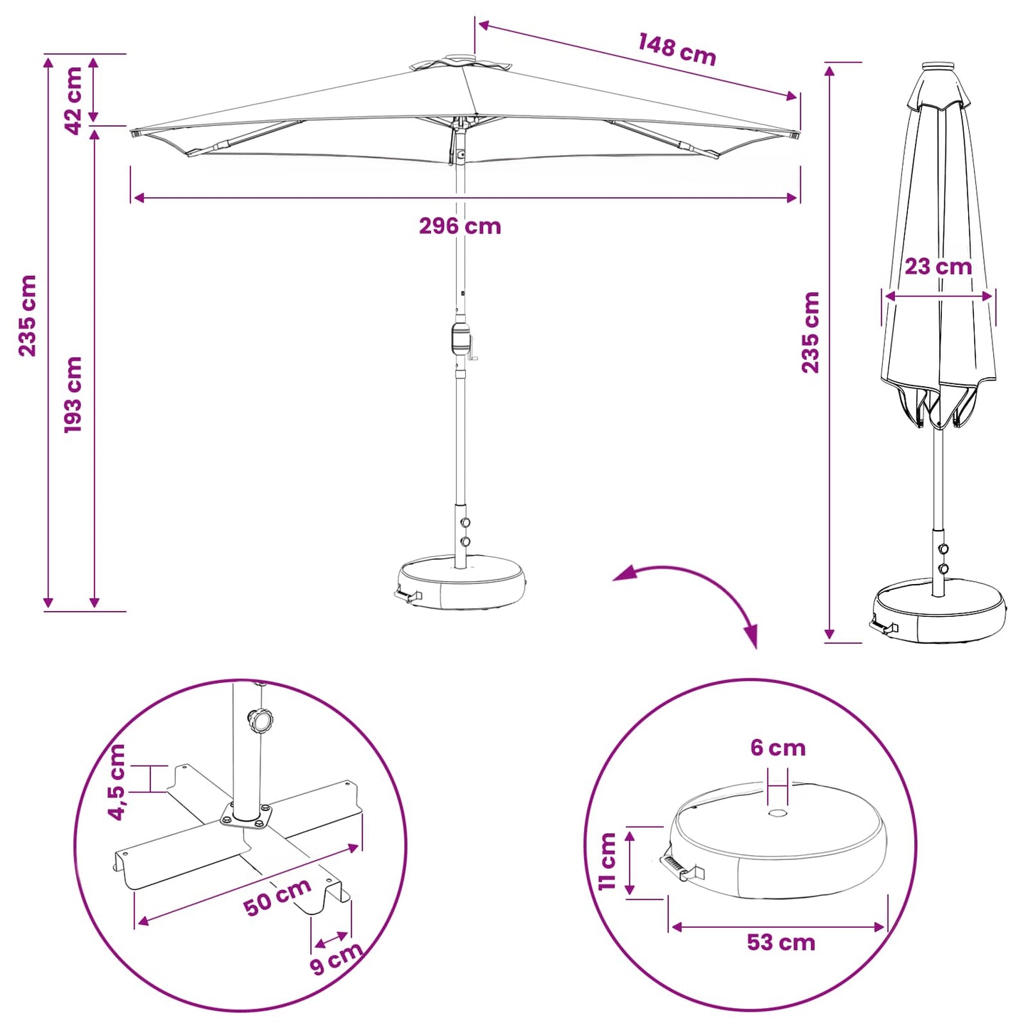 Garden Parasol with LED Lights and Base 300 x 300 cm Polyester