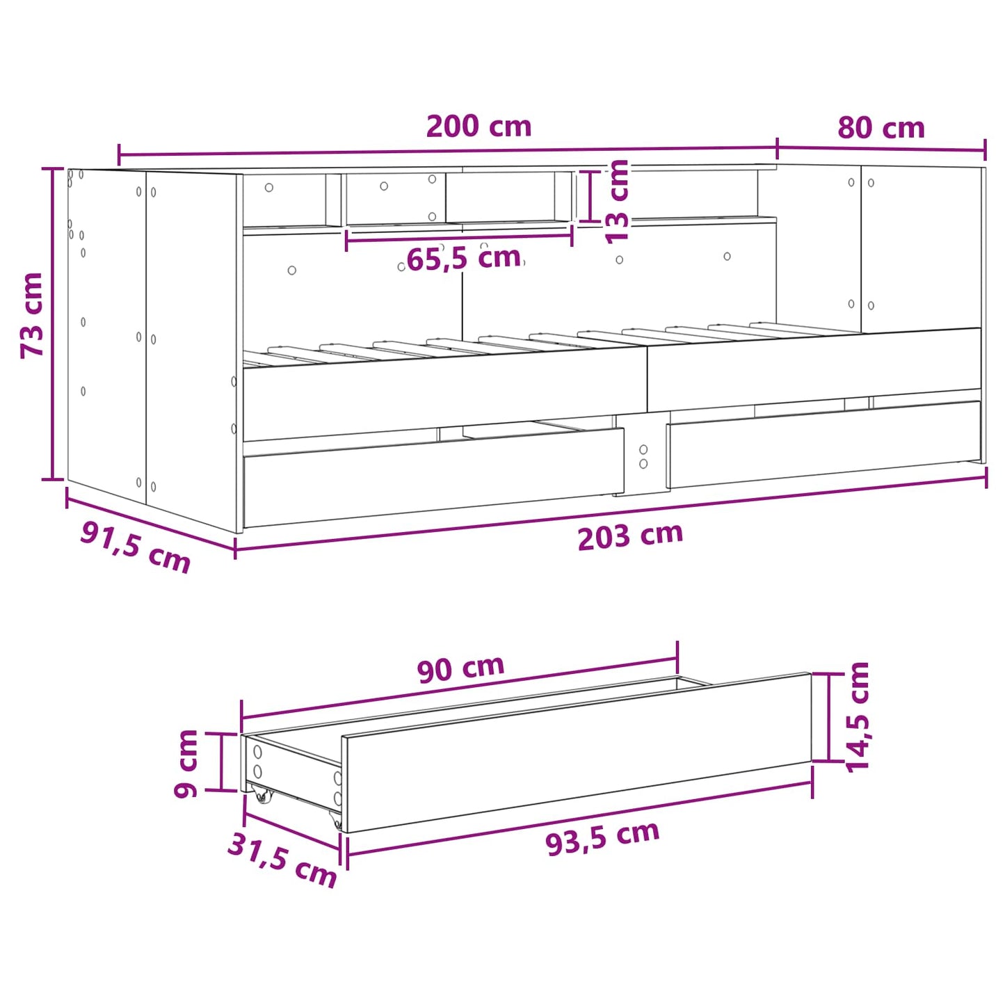 Daybed with Drawer with Shelf Black Oak Engineered Wood