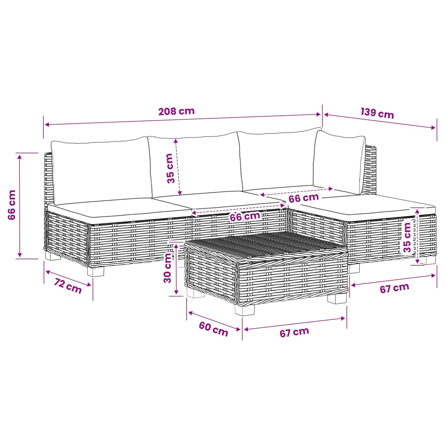 5 pcs Rattan Lounge Set with Cushions GENDT Natural Rattan