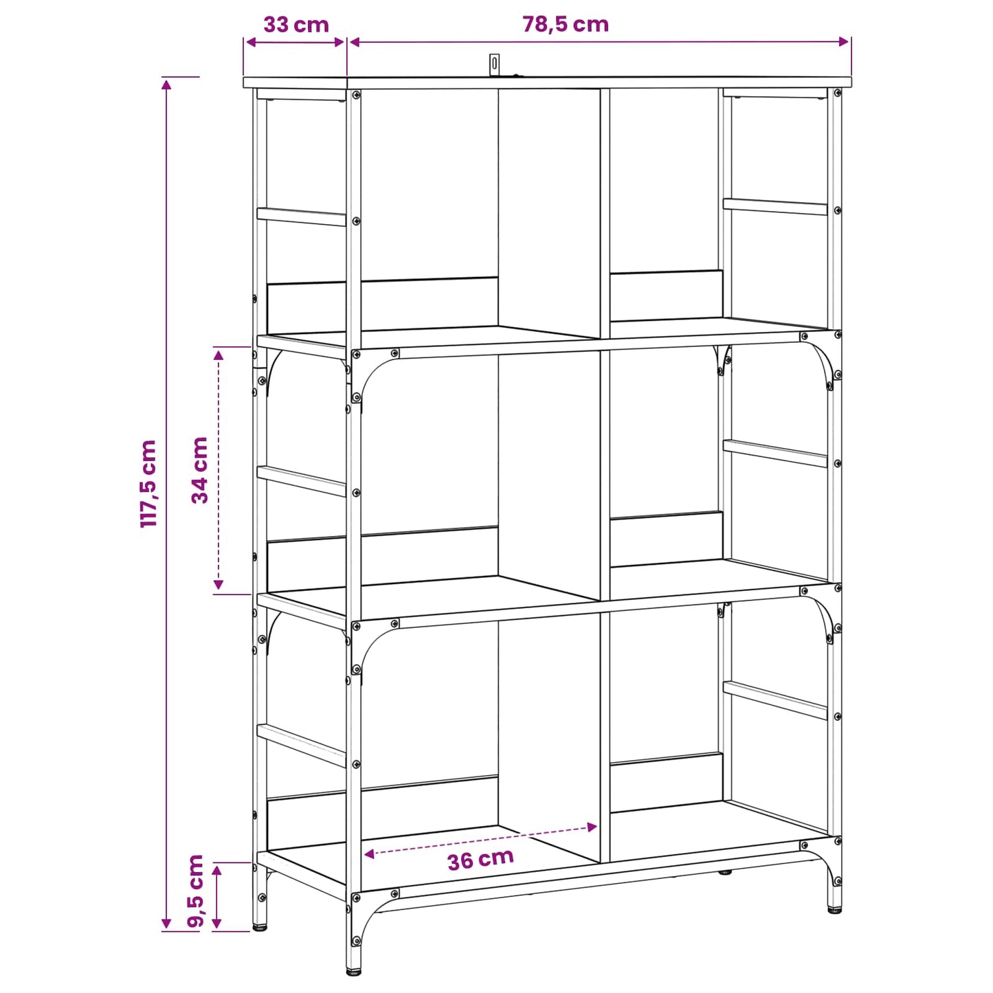 Bookshelf 4-Tier 78.5 x 33 x 117.5 cm metal PB Old wood