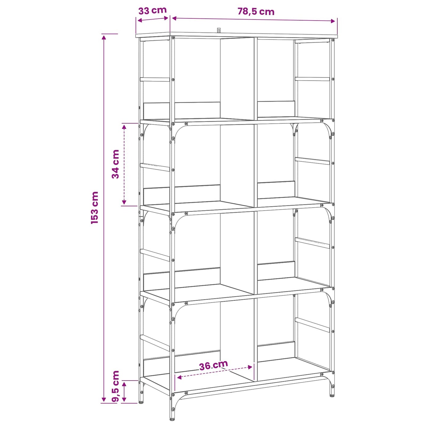 Bookshelf 4-Tier 78.5 x 33 x 153 cm metal PB Artisan oak