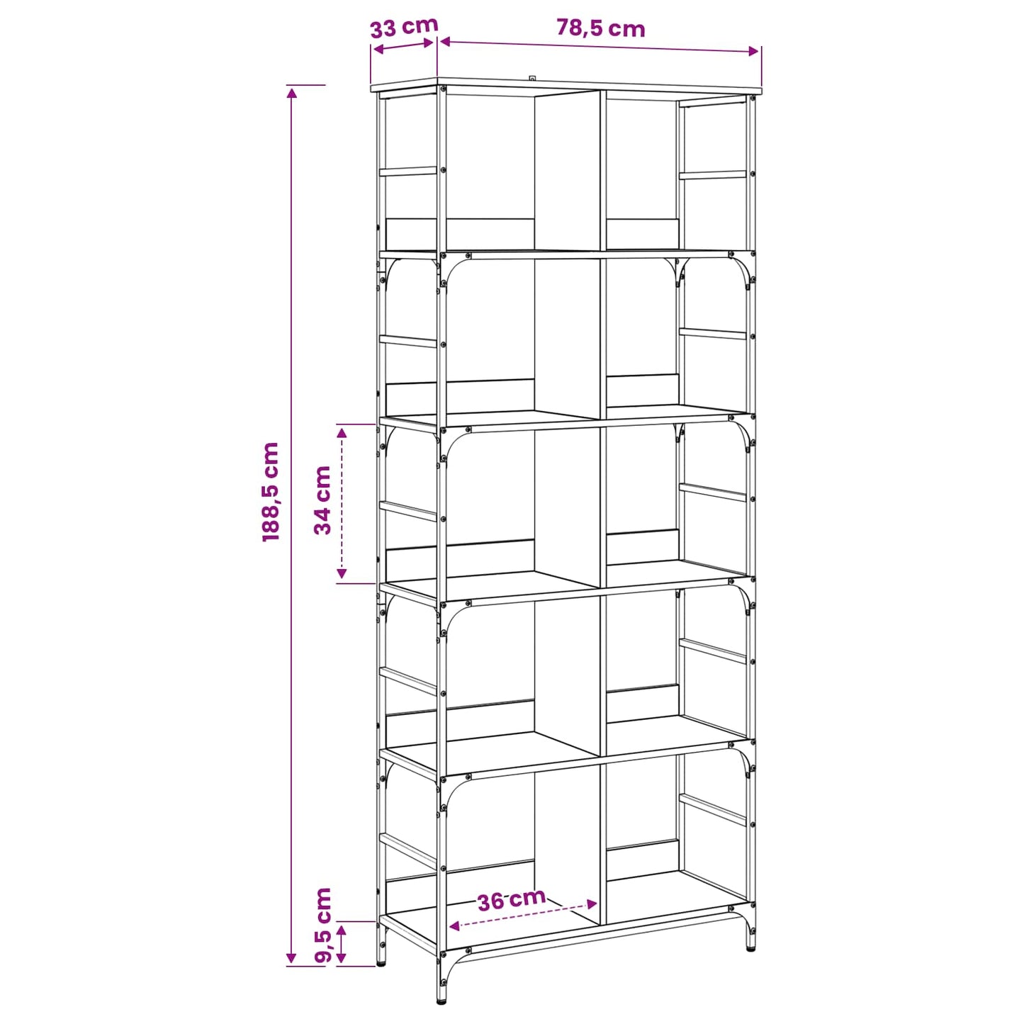 Bookshelf 4-Tier 78.5 x 33 x 188.5 cm metal PB Black oak