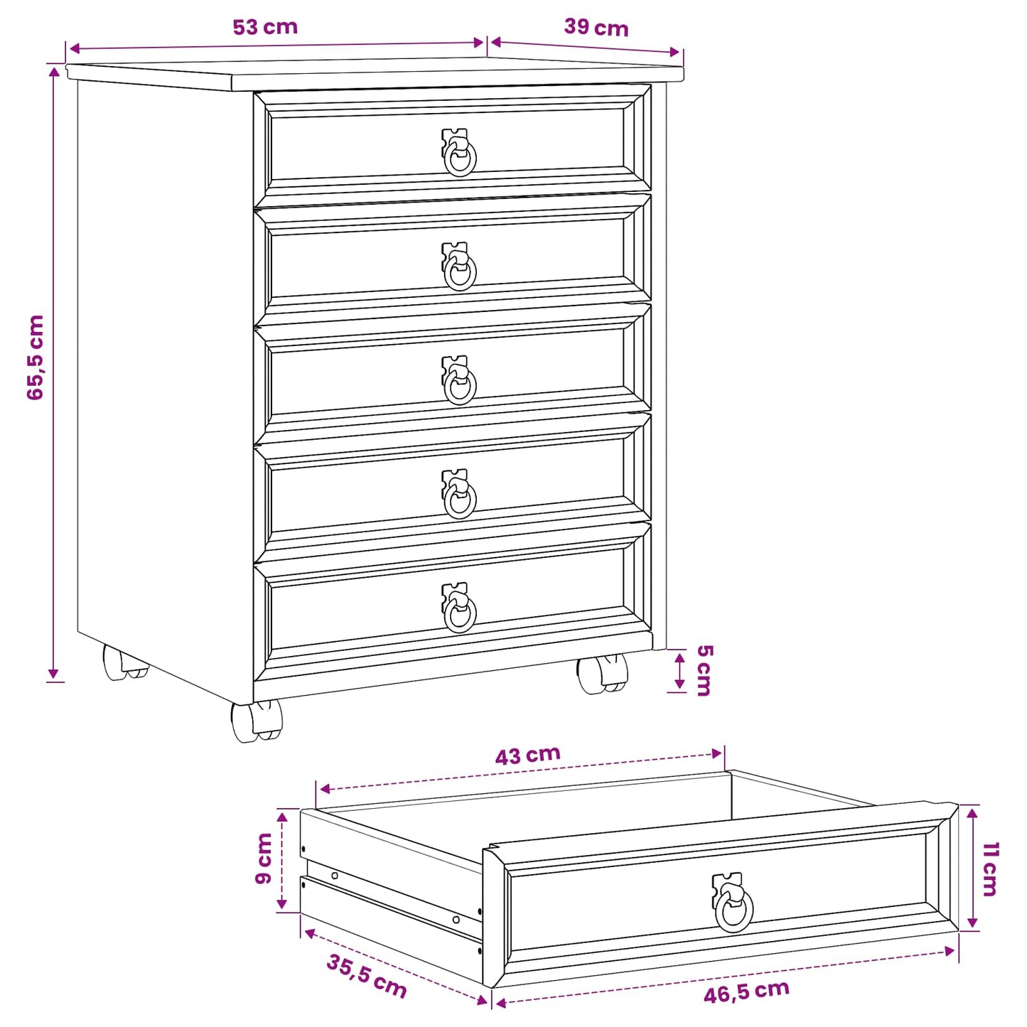Rolling Cabinet with Drawers CORONA White
