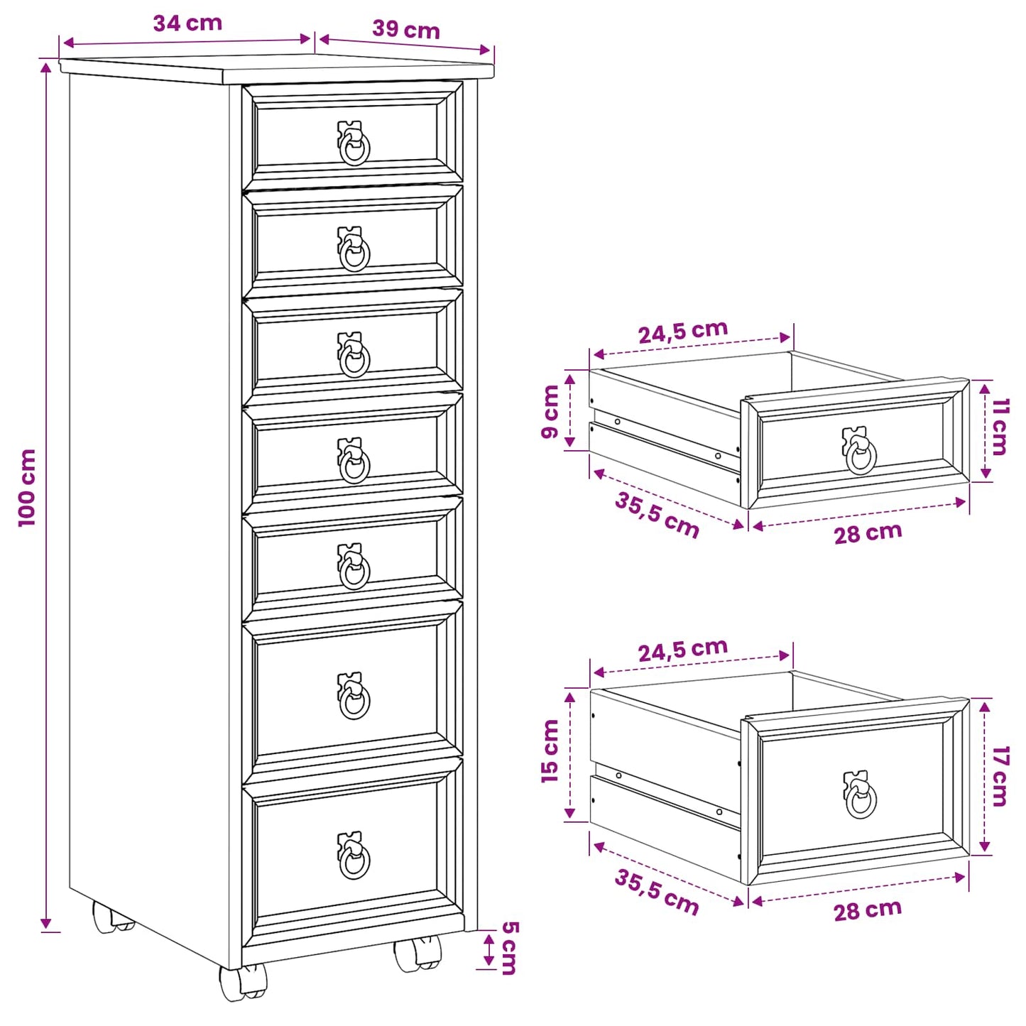 Rolling Cabinet with Drawers CORONA Honey Brown