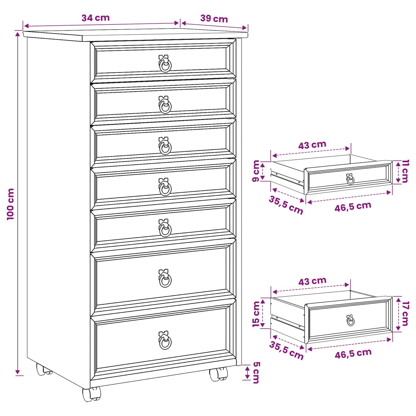 Rolling Cabinet with Drawers CORONA Honey Brown