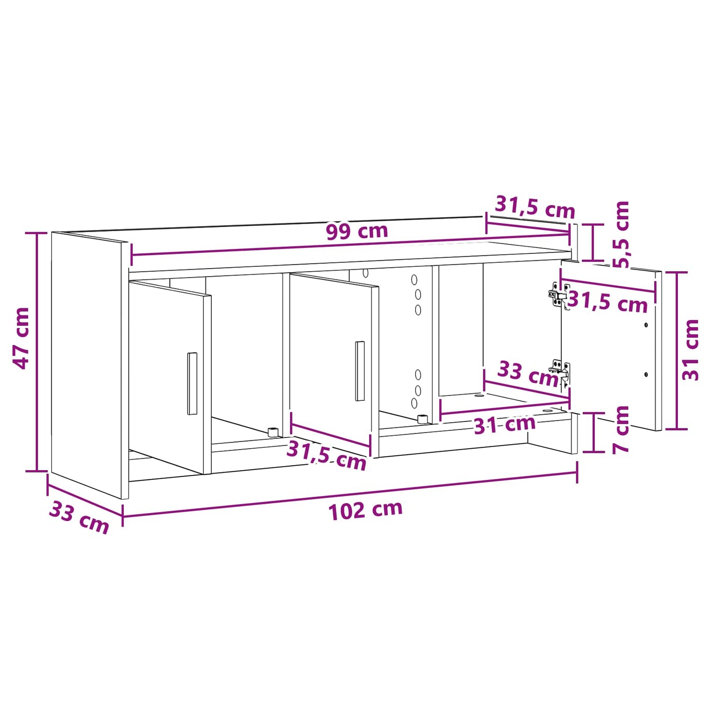 TV Cabinet 102 x 33 x 47 cm White Engineered Wood